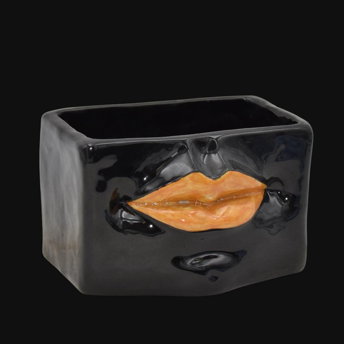 Scatola con Espressione, Black Line, Labbra Arancio. Ceramiche Sofia, Caltagirone