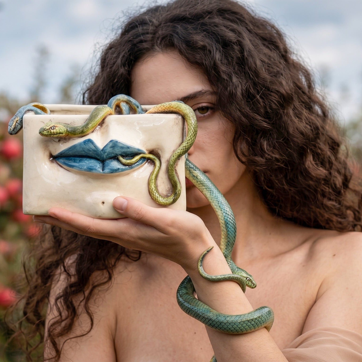Scatola Medusa, Labbra Blu e Serpenti Applicati, Madreperla Antichizzato. Ceramica siciliana di Caltagirone, Sofia