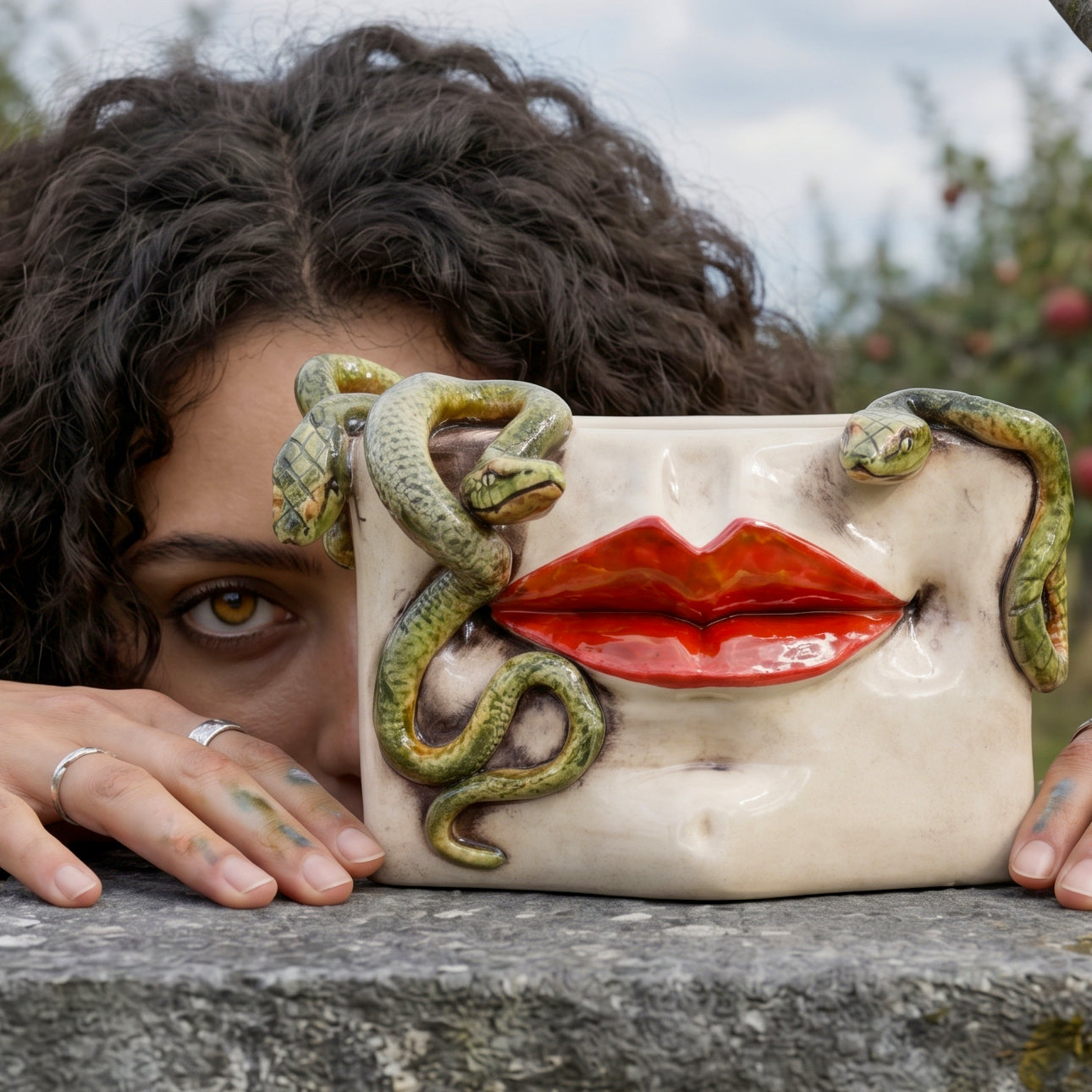 Scatola Medusa, Labbra Oro e Lustri, Serpenti Applicati, Madreperla Antichizzato. Ceramiche Sofia, Caltagirone