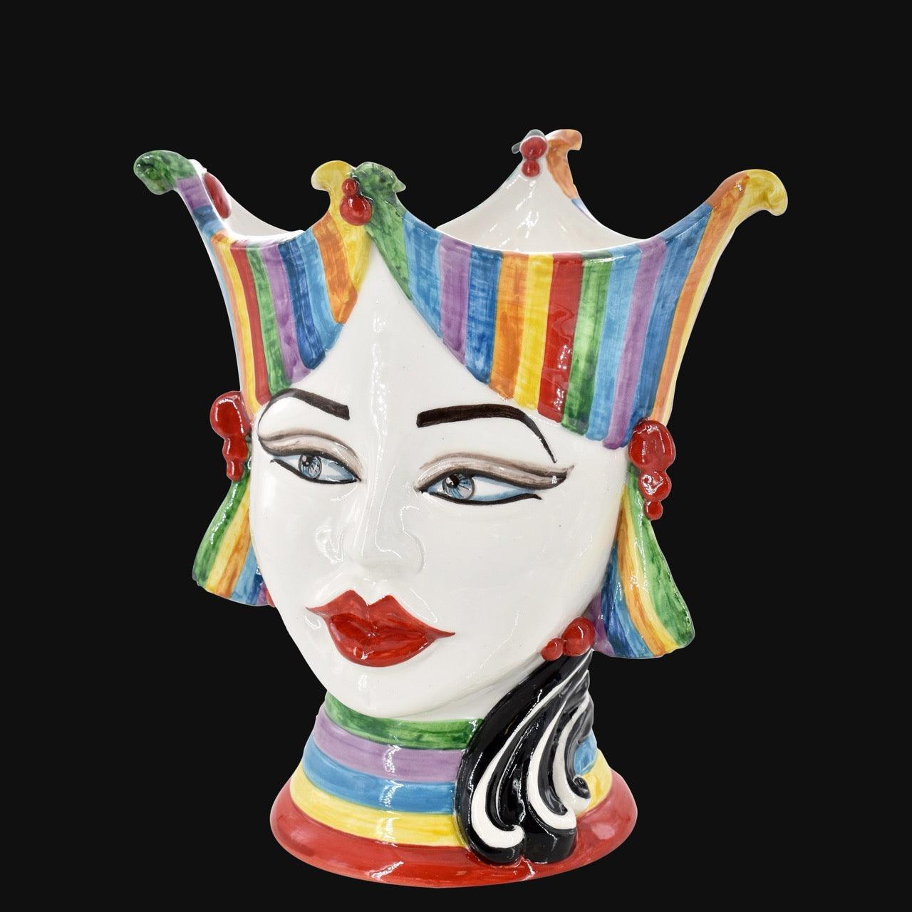 Testa di Moro Aisha, Donna, White and Color, colorata con corona arcobaleno. Ceramica siciliana di Caltagirone, Sofia