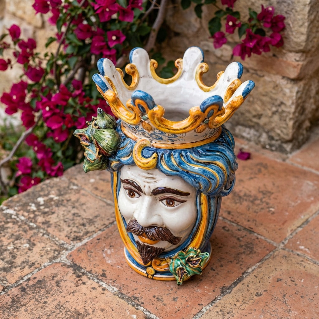Testa di Moro con Fichi d'India, Maschio Bianco, Blu e Arancio. Ceramica siciliana di Caltagirone, Sofia