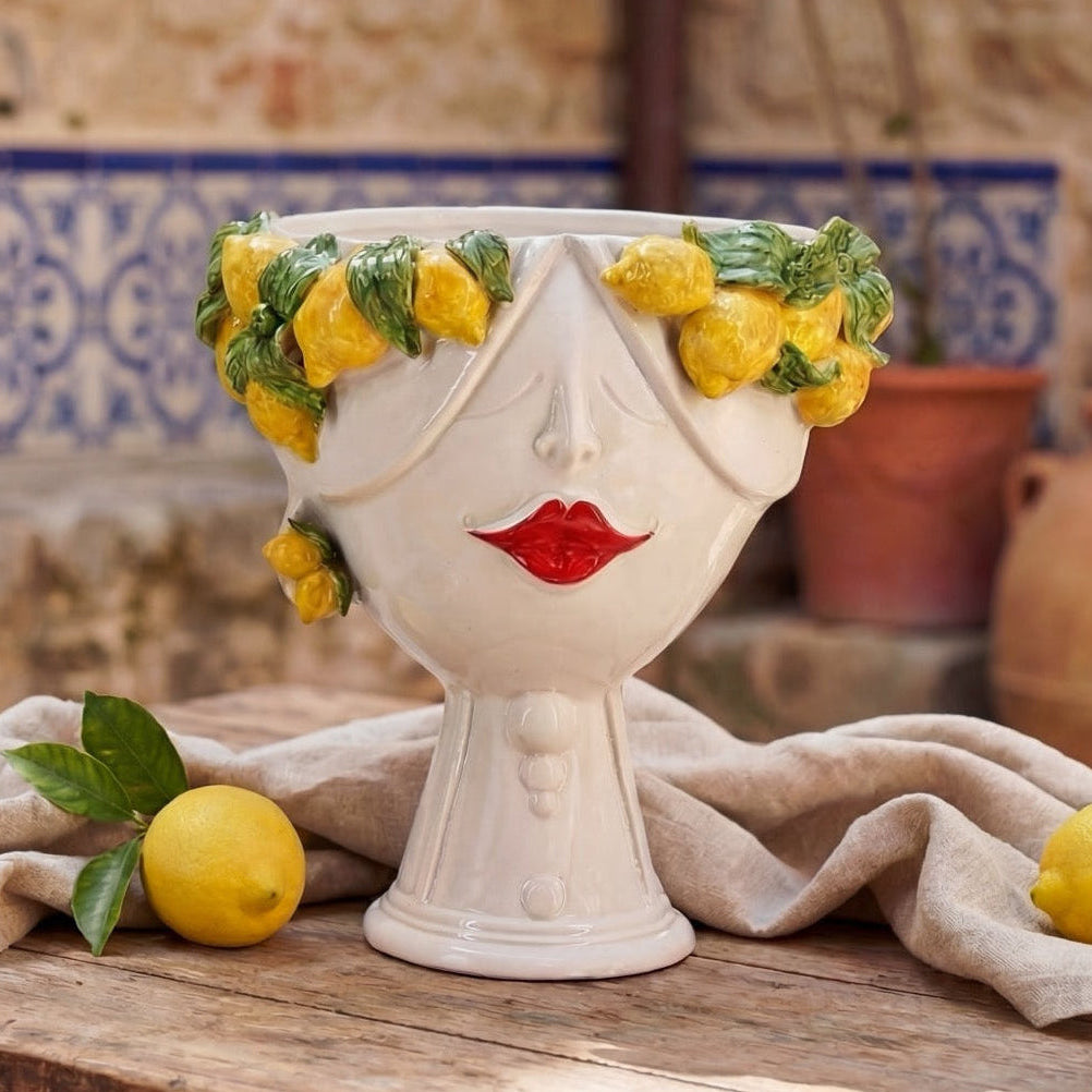 Testa di Moro con limoni "Zahira" donna | White and Lemon 30 cm - Ceramiche di Caltagirone Sofia