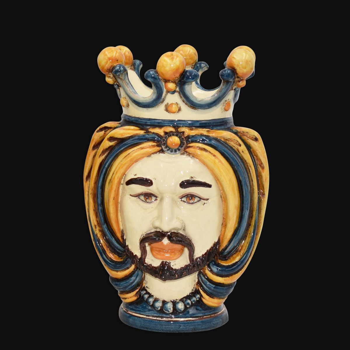 Testa di Moro con Turbante, Donna, Blu e Arancio, corona, capelli biondi e barba. Ceramica siciliana di Caltagirone, Sofia