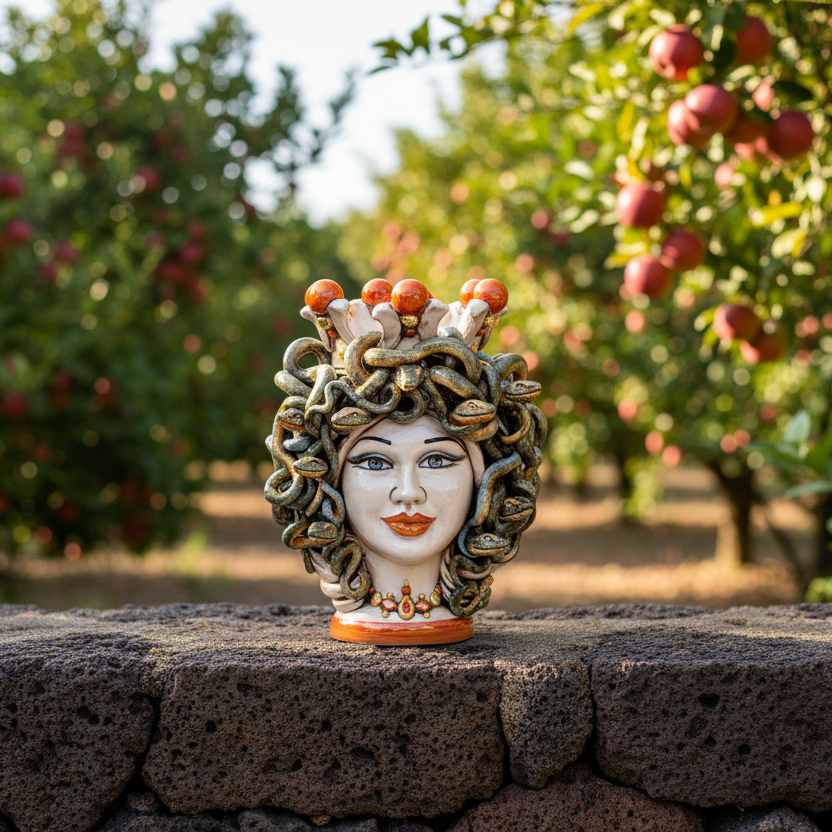 Testa Medusa, Madreperla Antichizzato, chioma di serpenti. Ceramiche Sofia, Caltagirone