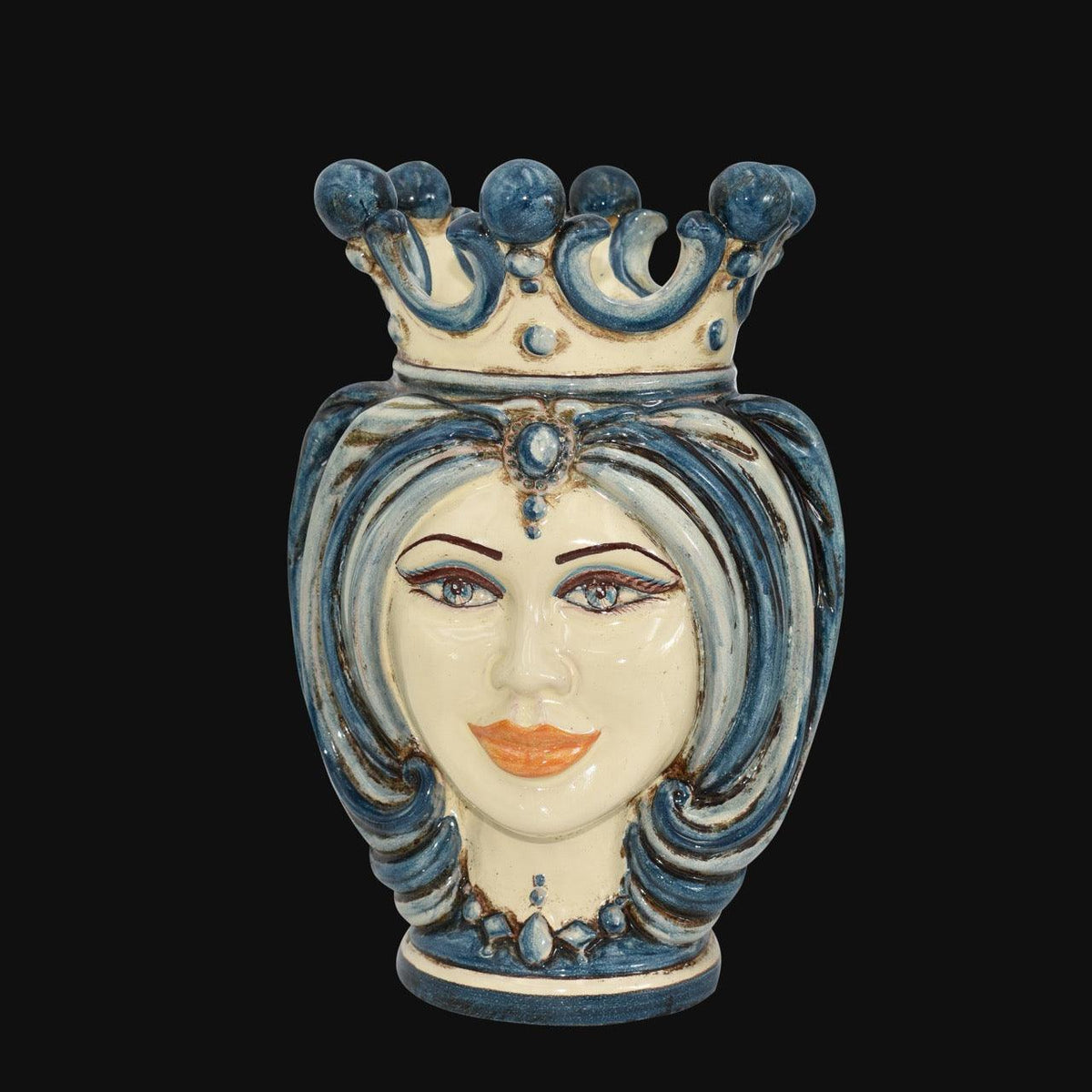 Testa di Moro con Turbante, Donna, Mono Blu, corona e dettagli dipinti. Ceramica siciliana di Caltagirone, Sofia