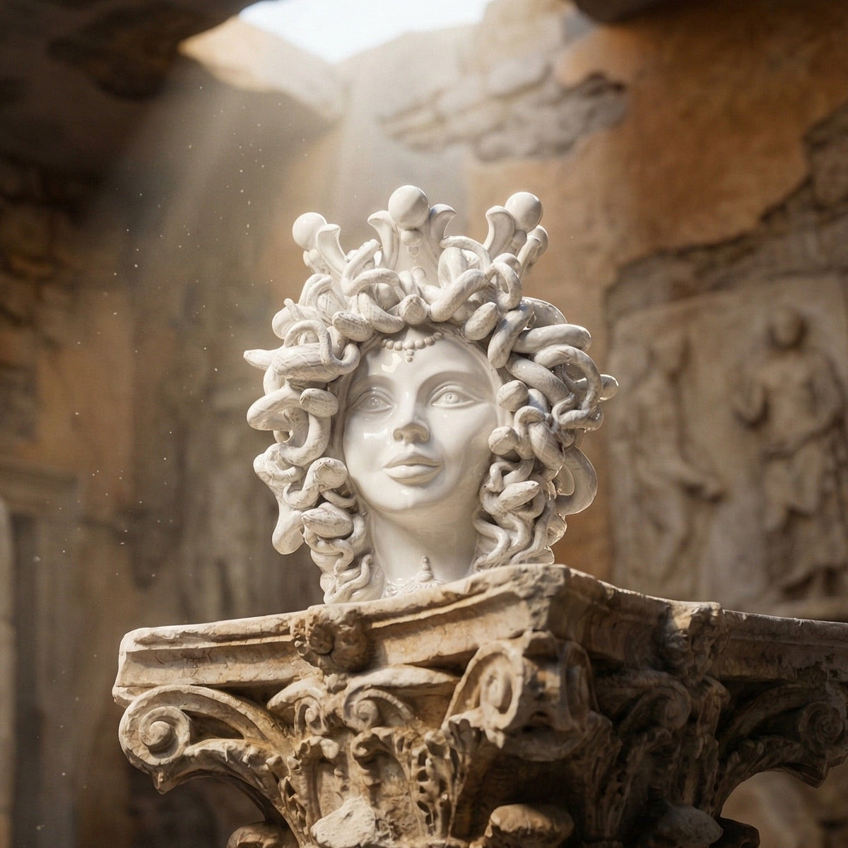 Testa Medusa, White Line, chioma di serpenti, mito greco. Ceramica siciliana di Caltagirone, Sofia
