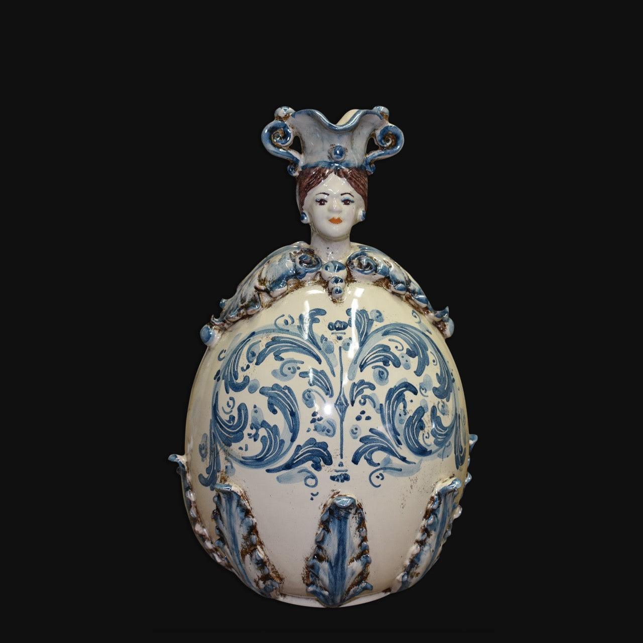 Uovo a Personaggio Femmina, Plastico Sofia, Mono Blu, decoro e figura femminile. Ceramica di Caltagirone