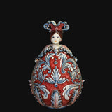 Uovo a Personaggio Femmina, Ornato, Blu e Bordeaux, decori rossi. Ceramica siciliana di Caltagirone, Sofia