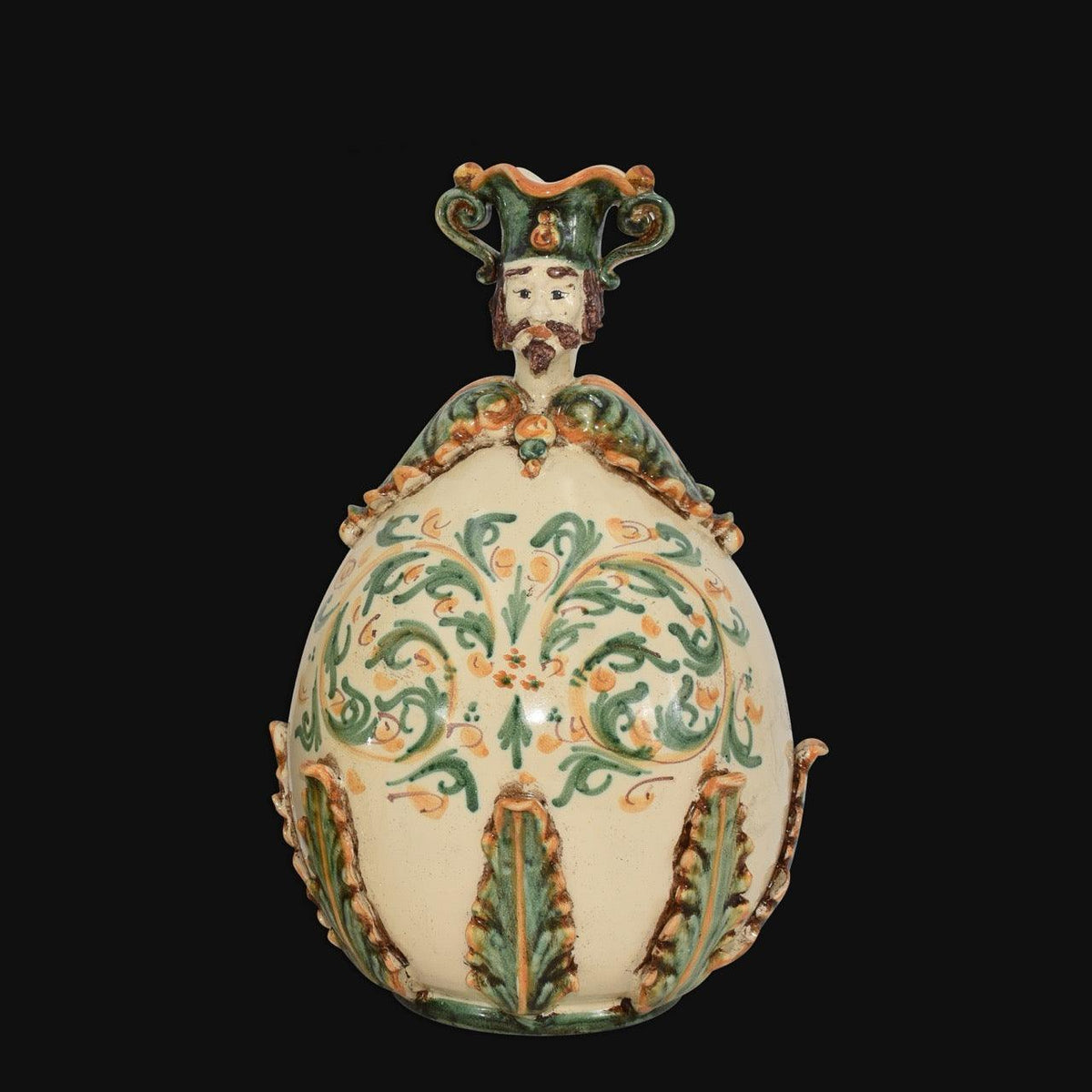 Uovo a Personaggio Uomo, Plastico Sofia, Verde e Arancio, decori floreali. Ceramica di Caltagirone