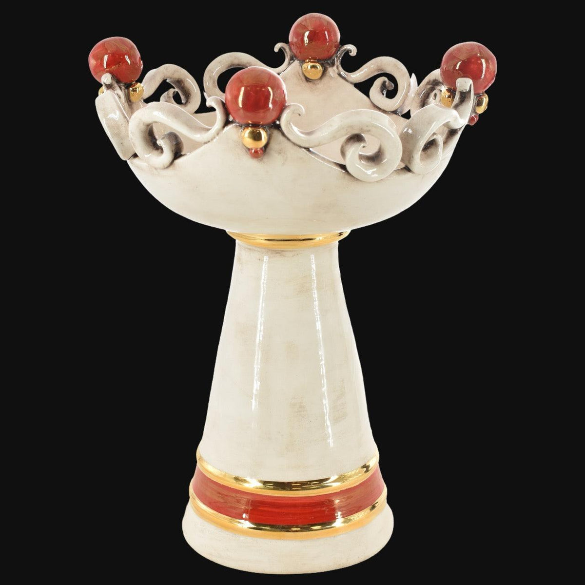Vaso a Coppa con Piede, Madreperla Antichizzato, decori rossi e dorati. Ceramica siciliana di Caltagirone, Sofia