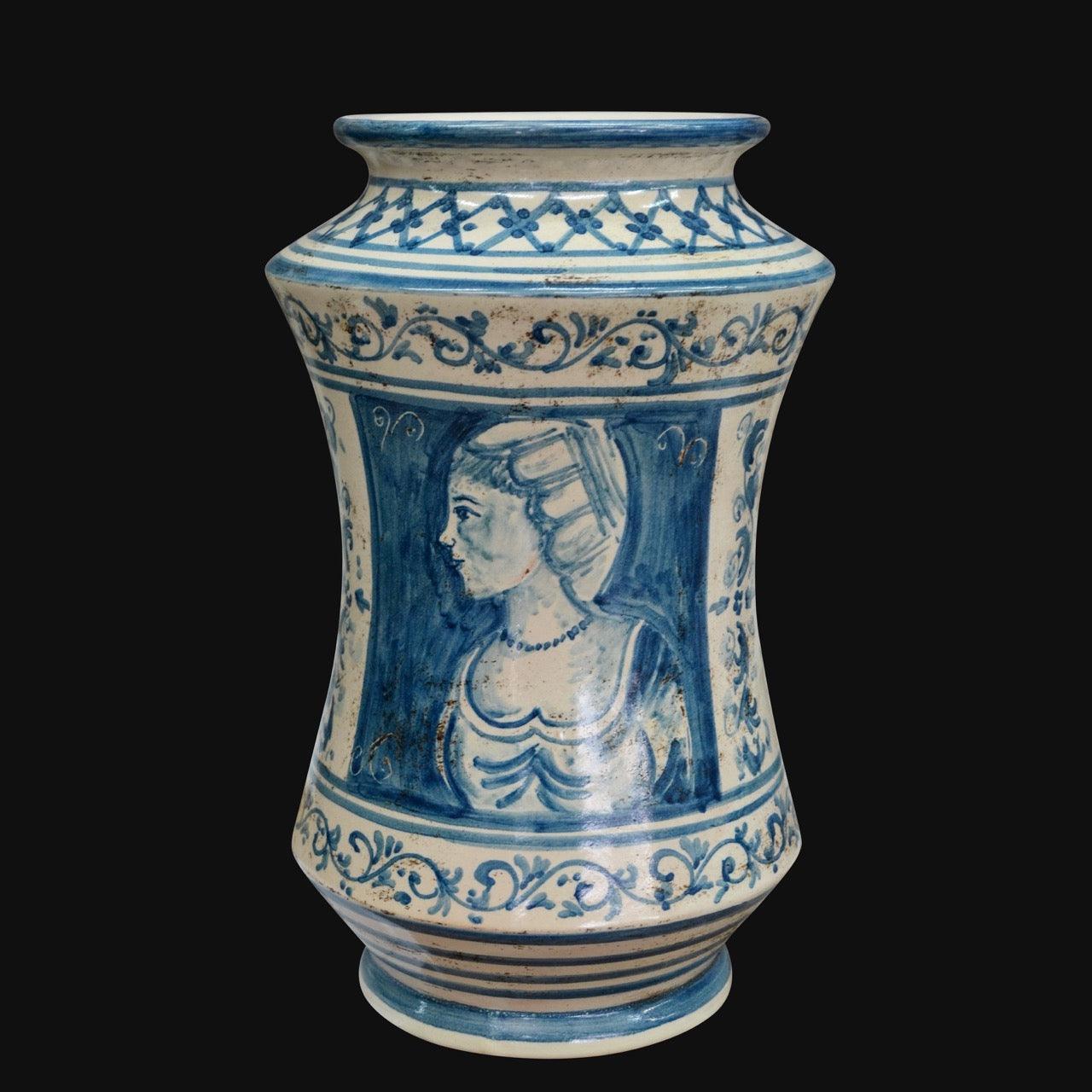 Vaso Albarello, Antiche Riproduzioni di Caltagirone, decoro blu e figura femminile. Ceramiche Sofia, Caltagirone