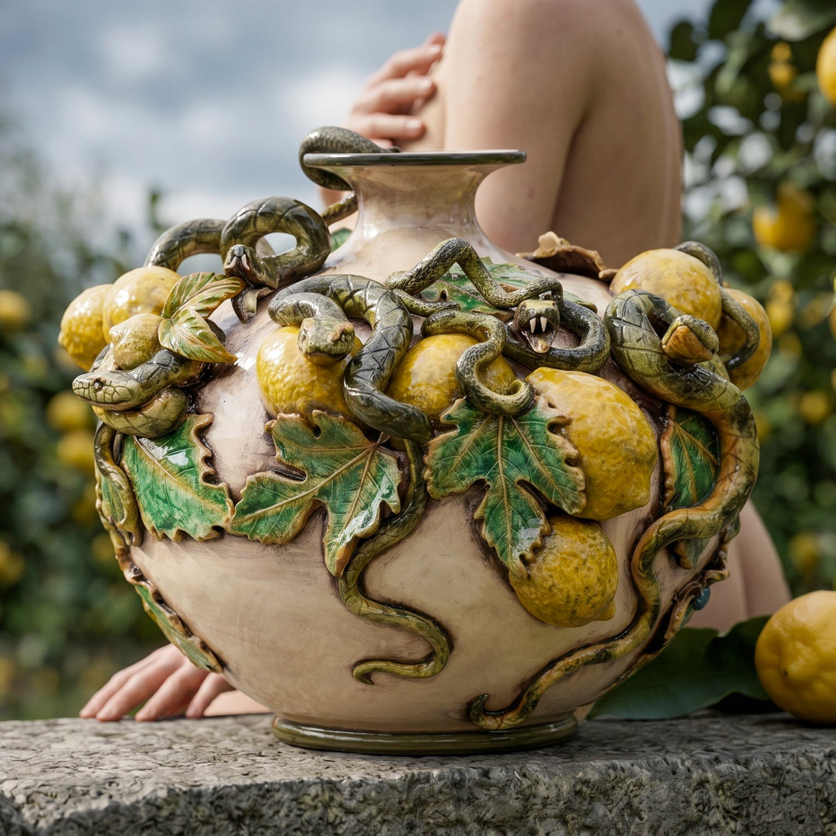 Vaso Boccia Eden con Limoni Applicati, Linea Giardini dell'Eden, Madreperla, foglie. Ceramiche Sofia, Caltagirone