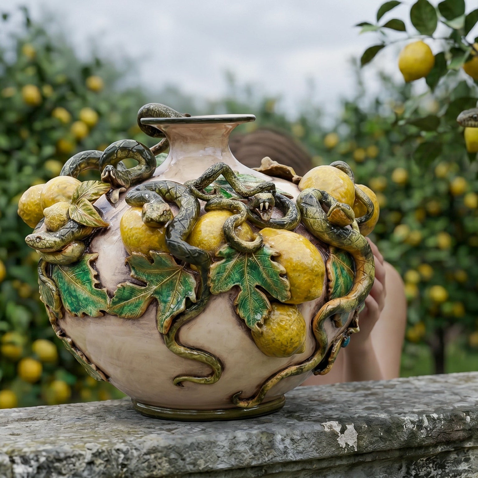 Vaso Boccia Eden con Limoni Applicati, Linea Giardini dell'Eden, Madreperla, foglie. Ceramiche Sofia, Caltagirone