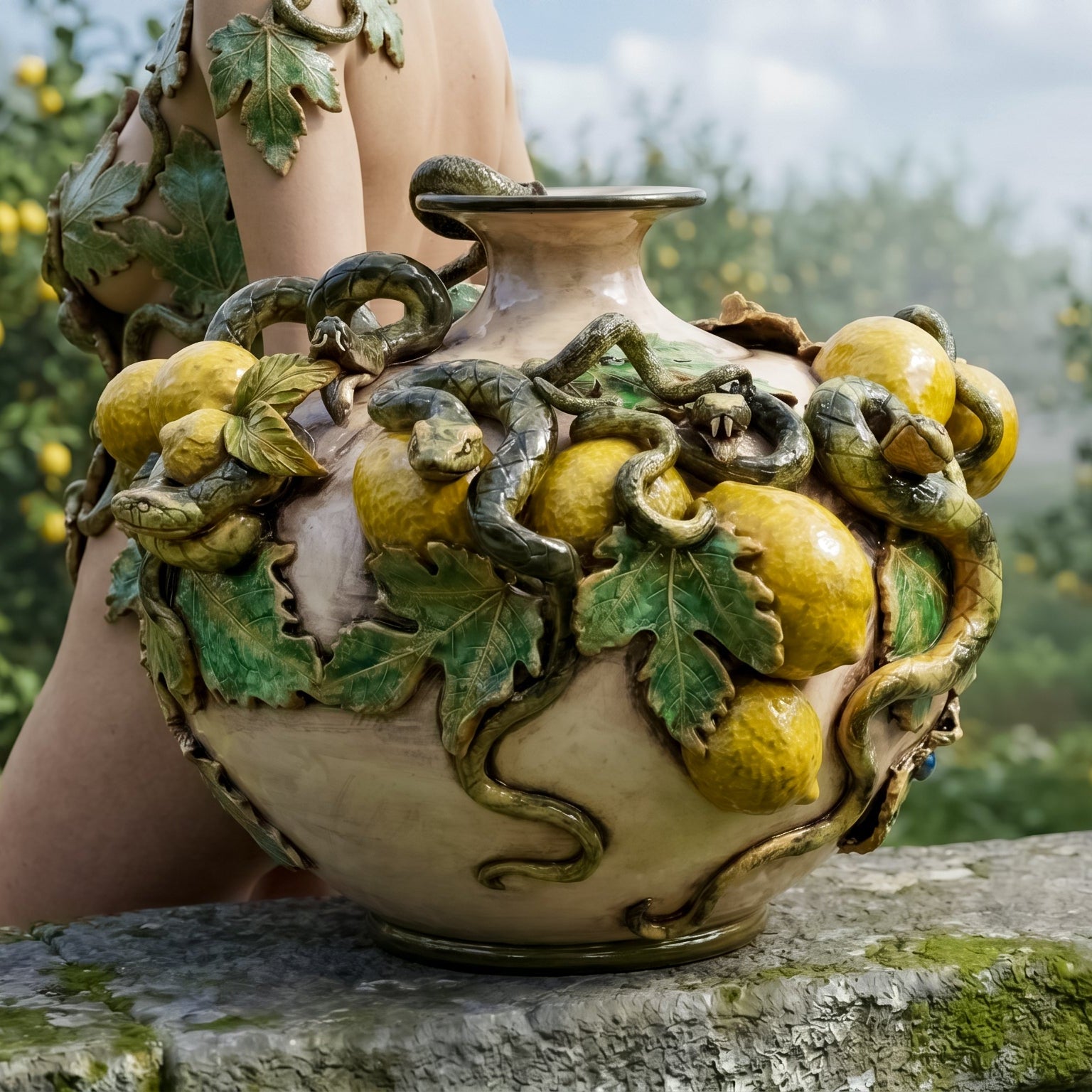 Vaso Boccia Eden con Limoni Applicati, Linea Giardini dell'Eden, Madreperla, foglie. Ceramiche Sofia, Caltagirone