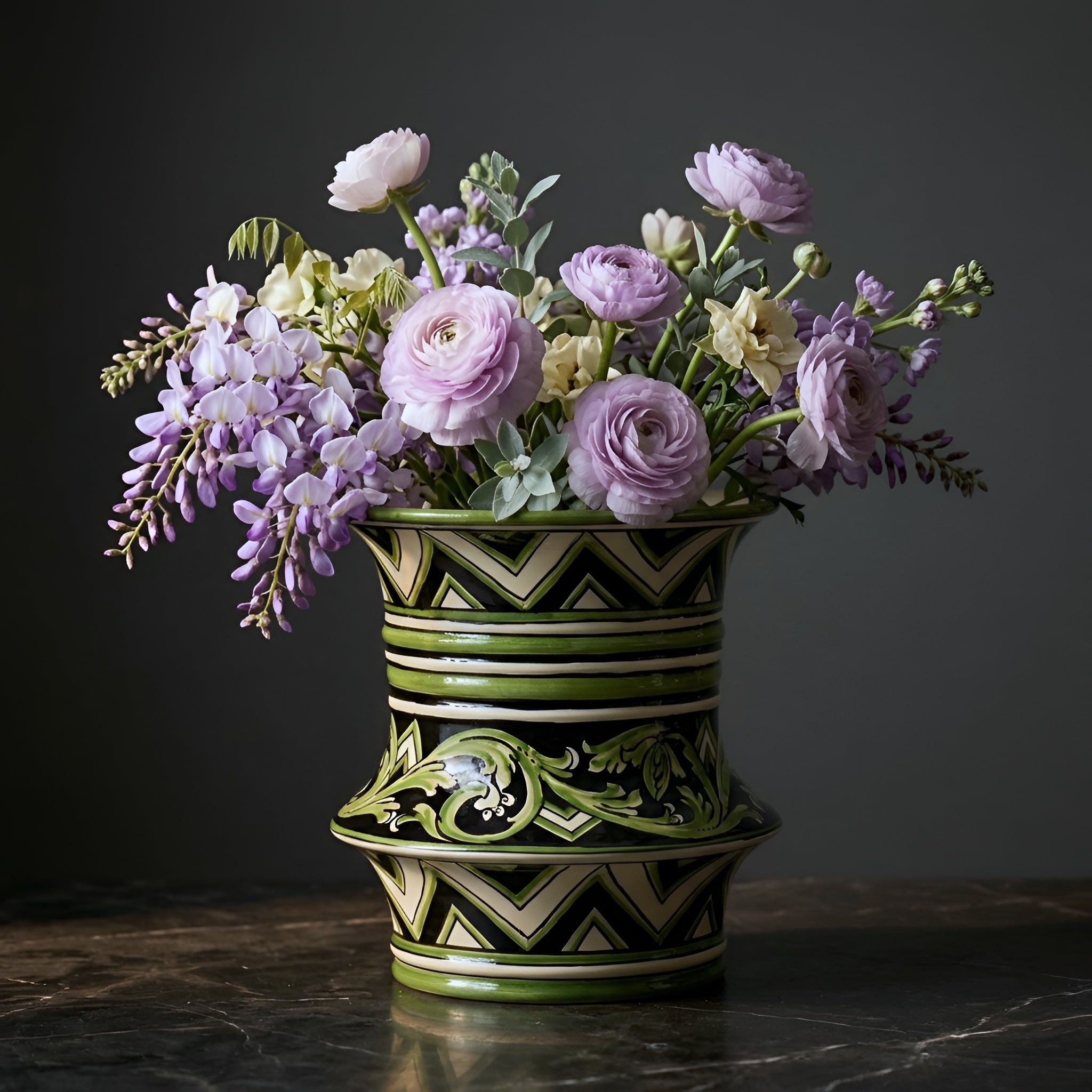 Vaso cilindro a fasce, Linea Parigi Nero e Verde, fiori. Ceramica siciliana di Caltagirone, Sofia