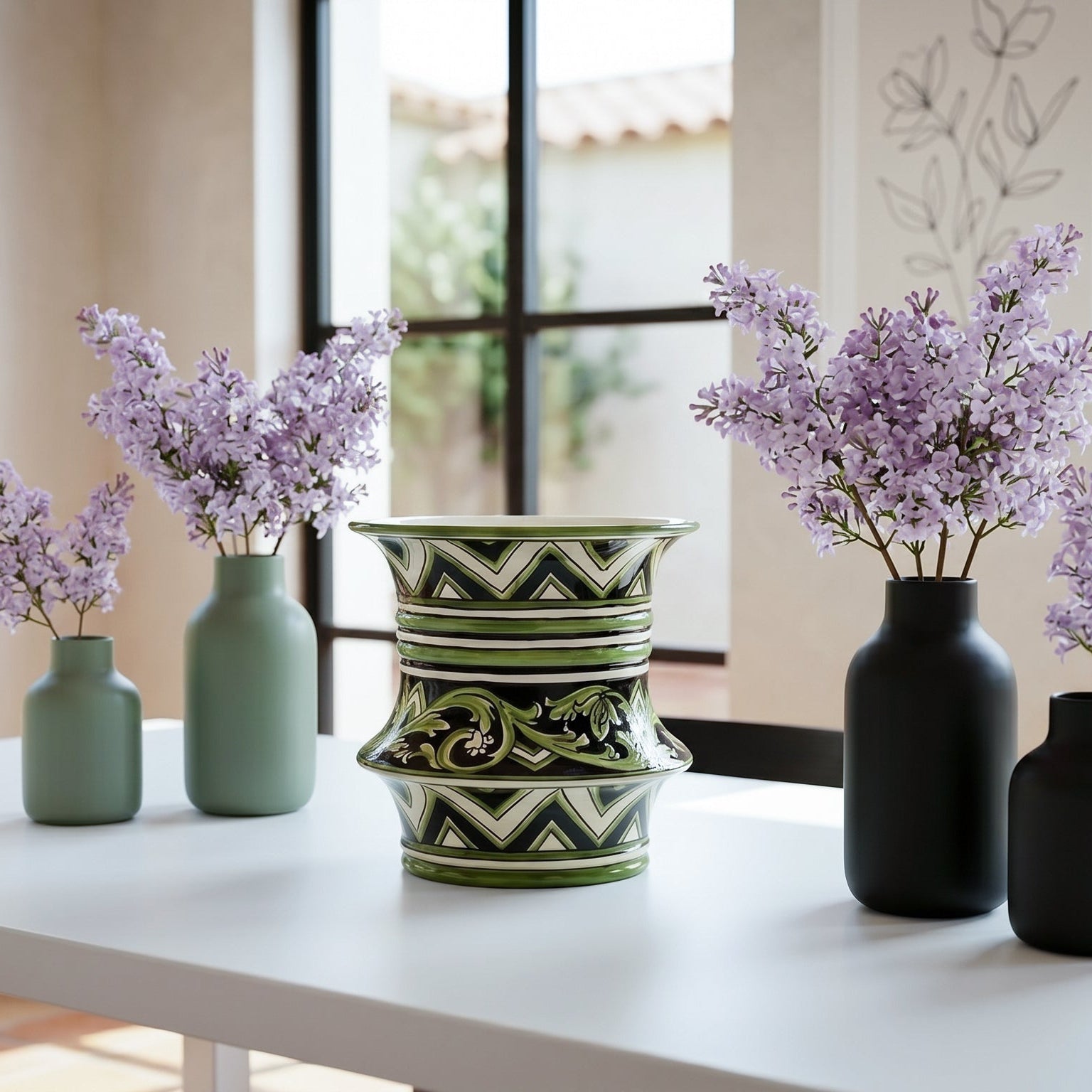 Vaso cilindro a fasce, Linea Parigi Nero e Verde, fiori. Ceramica siciliana di Caltagirone, Sofia