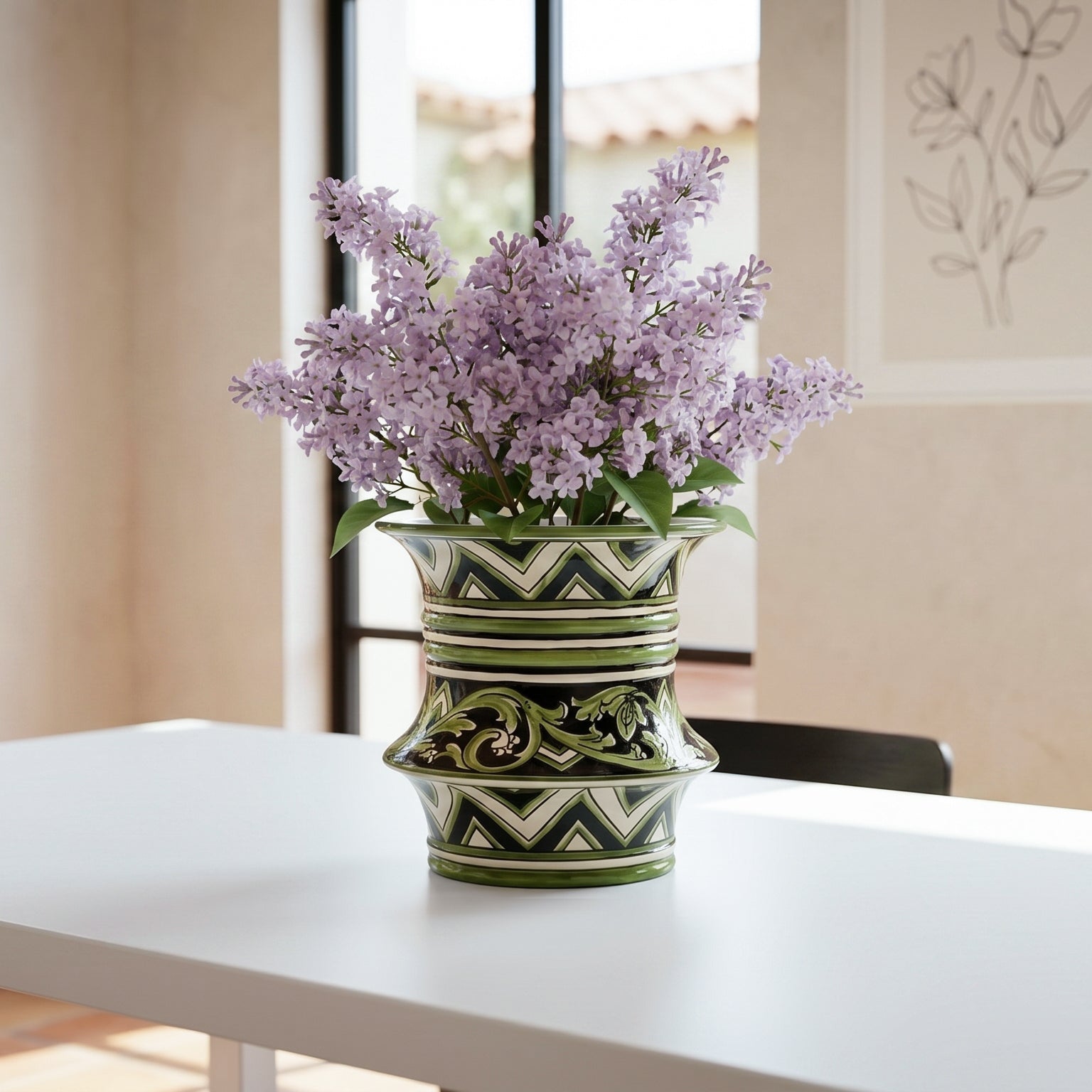 Vaso cilindro a fasce, Linea Parigi Nero e Verde, fiori. Ceramica siciliana di Caltagirone, Sofia