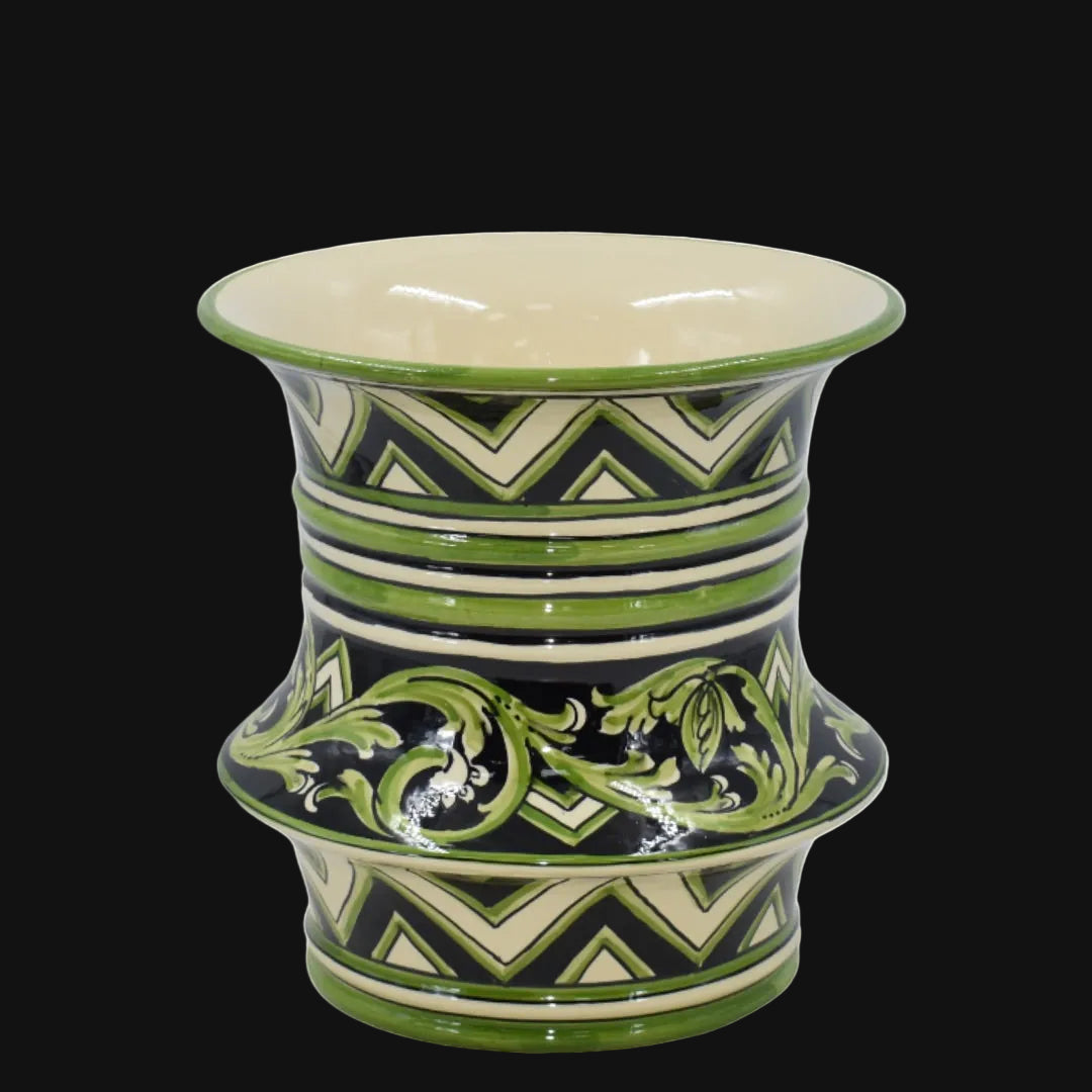 Vaso cilindro a fasce, Linea Parigi Nero e Verde, fiori. Ceramica siciliana di Caltagirone, Sofia