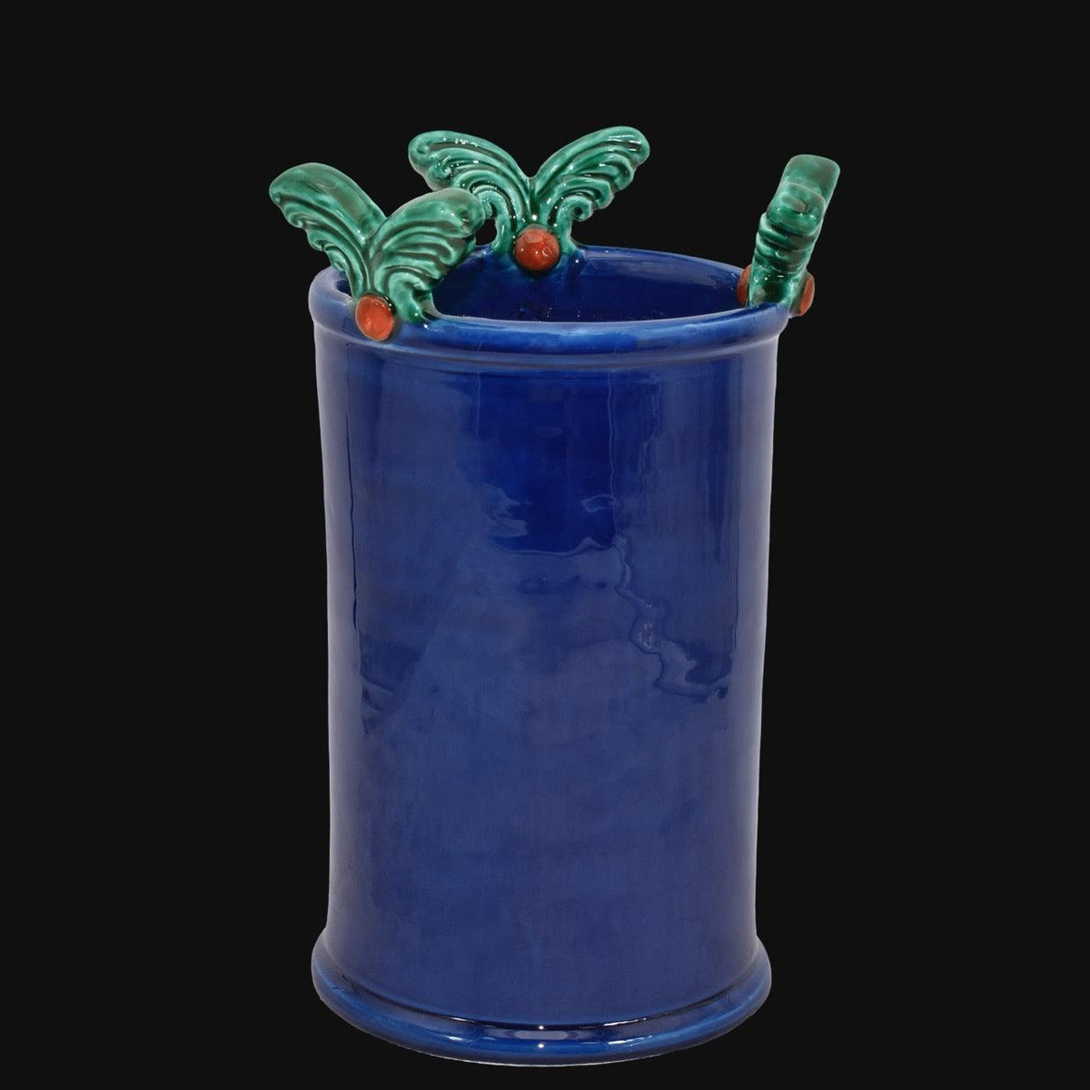 Vaso cilindrico blu con decori verdi e rossi, ceramiche di Caltagirone fatte a mano