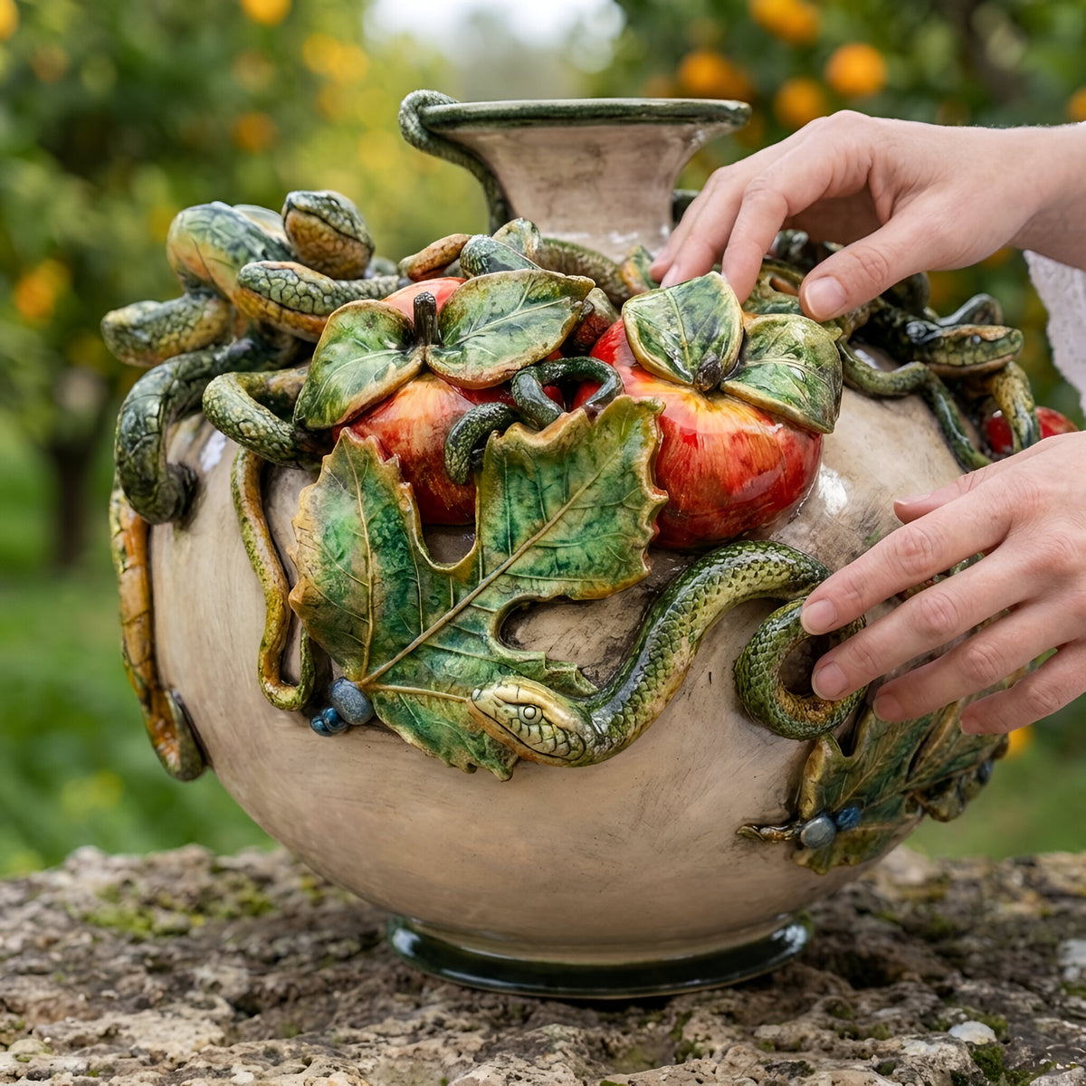 Vaso Eden, Linea Giardini dell'Eden, Madreperla, fiori, foglie. Ceramica siciliana di Caltagirone, Sofia