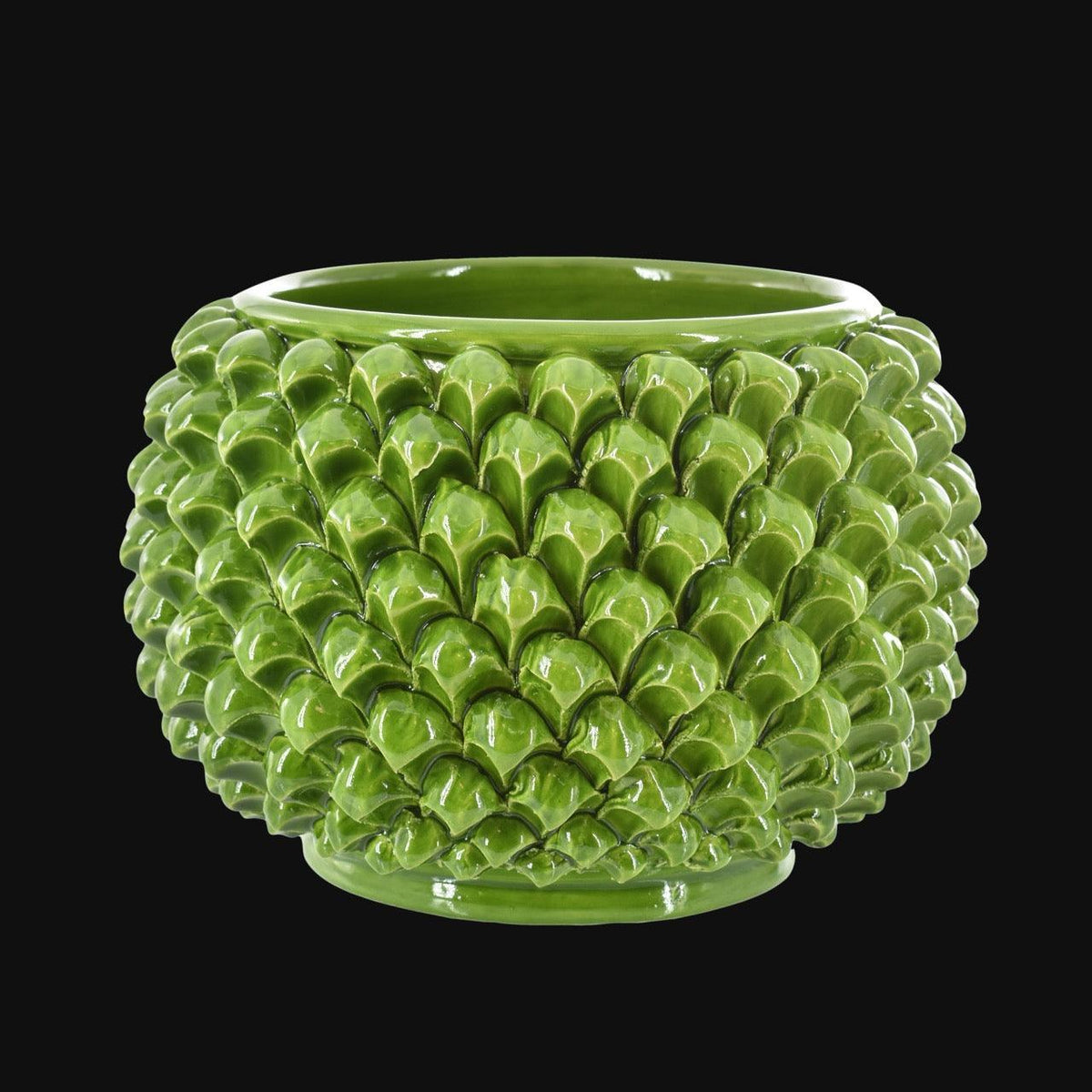 Vaso Mezza Pigna Senza Piede, Verde Foglia, forma pigna. Ceramiche Sofia, Caltagirone