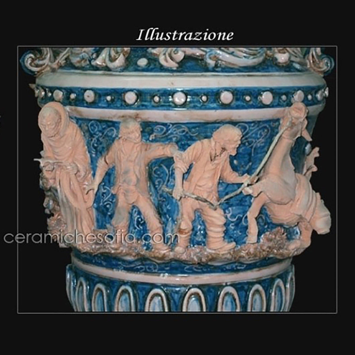 Vaso Monumentale Scenetta, Mono Blu, Serie Limitata, rilievi figurati su fondo. Ceramiche Sofia, Caltagirone