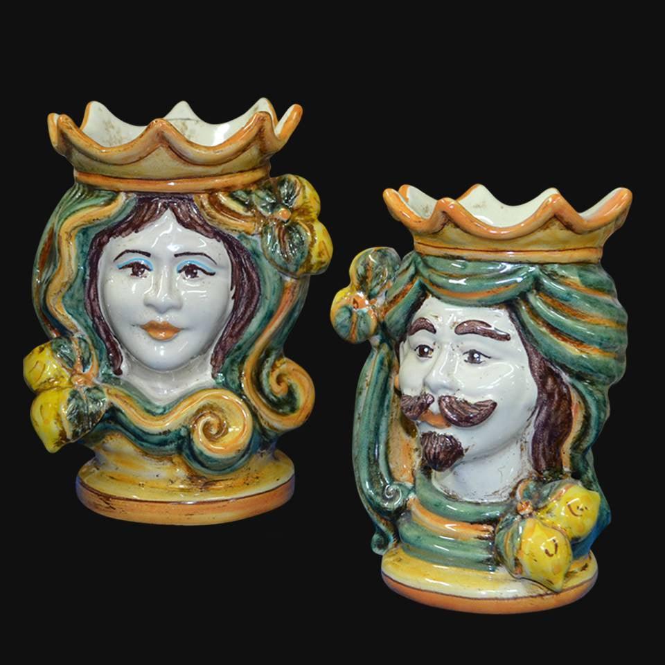 Testa di Moro, Maschio Bianco, Verde e Arancio, colorate con corone e limoni. Ceramica siciliana di Caltagirone, Sofia