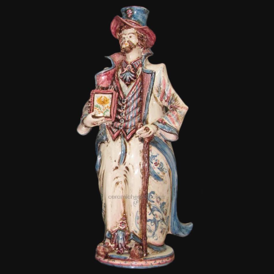 Statua in ceramica di Caltagirone fatta a mano, figura maschile con cappello e bastone, colori vivaci