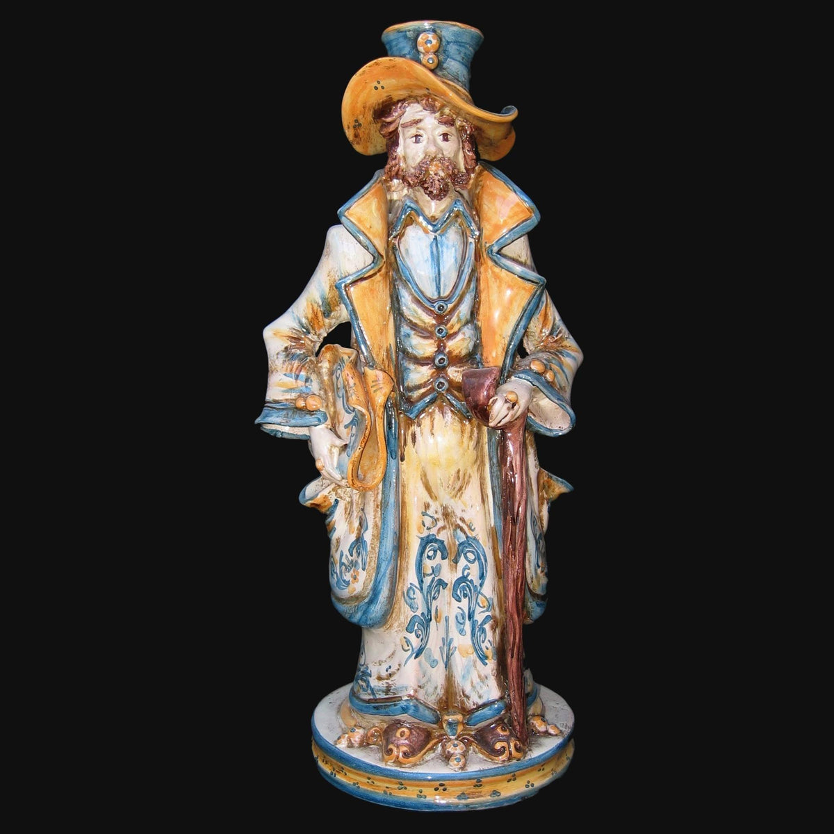 Statua in ceramica di Caltagirone fatta a mano, figura maschile con cappello e bastone, colori vivaci