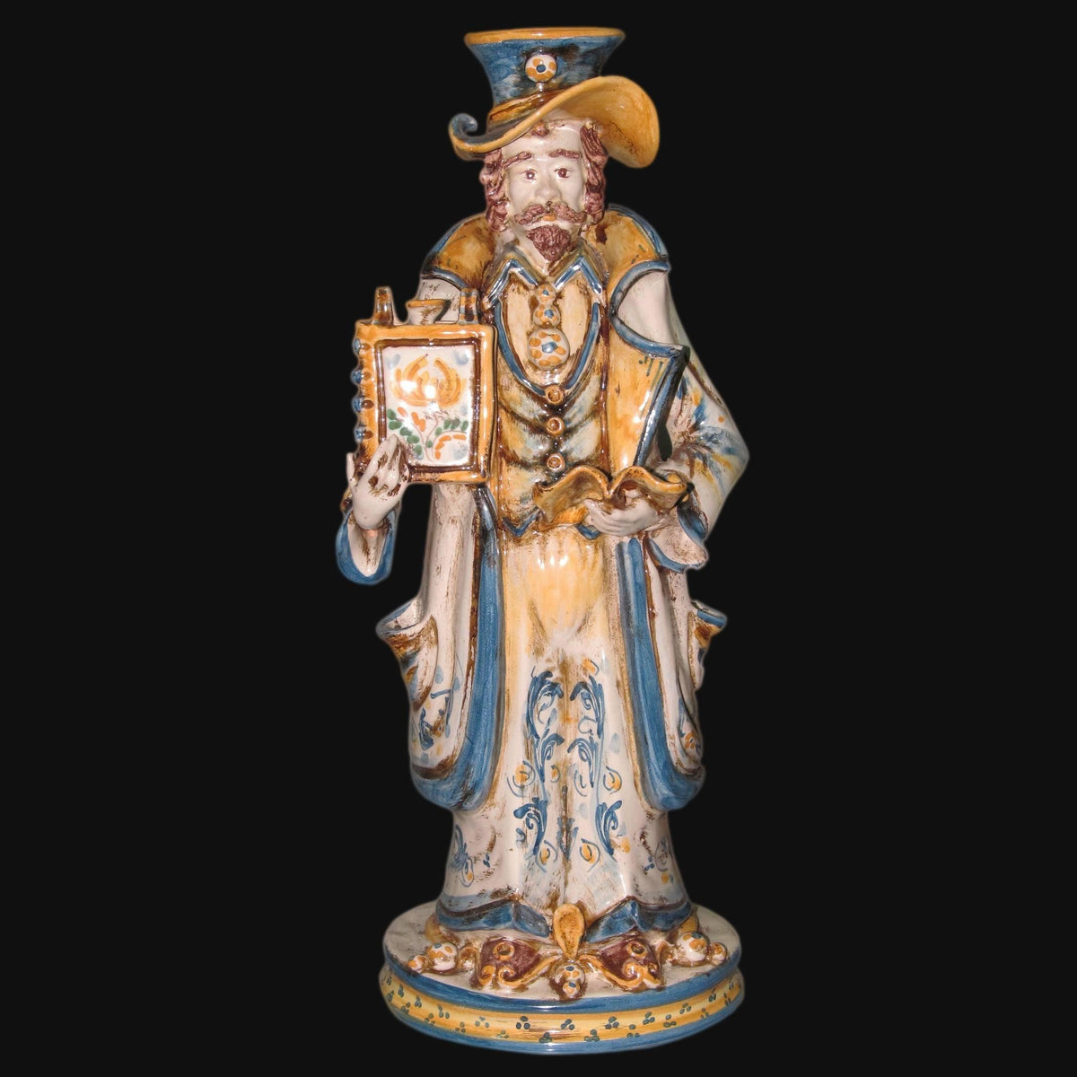 Statua in ceramica di Caltagirone fatta a mano, figura barbata con cappello e abiti decorati