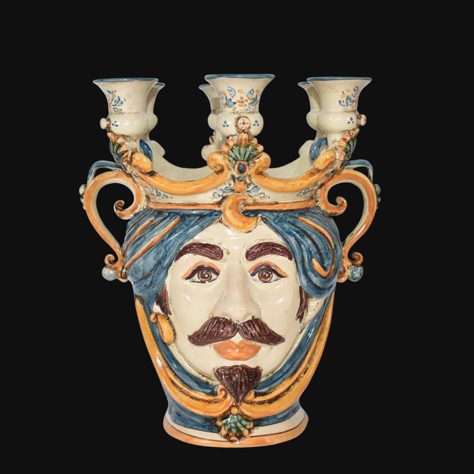 Testa di Moro a Candeliere, Maschio Bianco, Blu e Arancio, tre portacandele. Ceramiche Sofia, Caltagirone