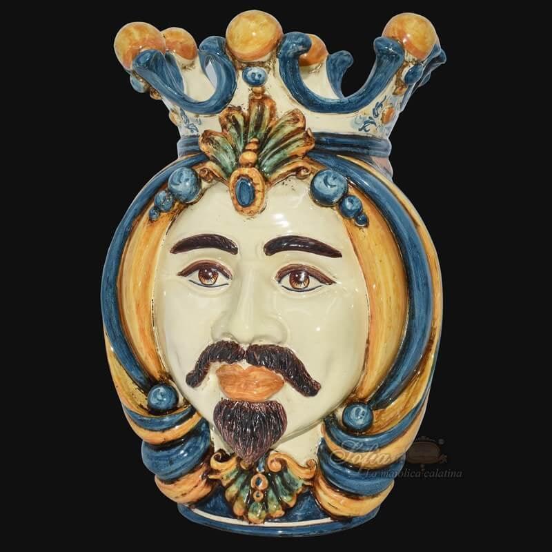 Testa di Moro, Maschio Bianco, Blu e Arancio, corona e dettagli colorati. Ceramiche Sofia, Caltagirone