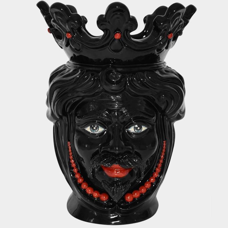 Testa di Moro con Perline, Maschio, con Perline Rosse, corona e perle. Ceramiche Sofia, Caltagirone