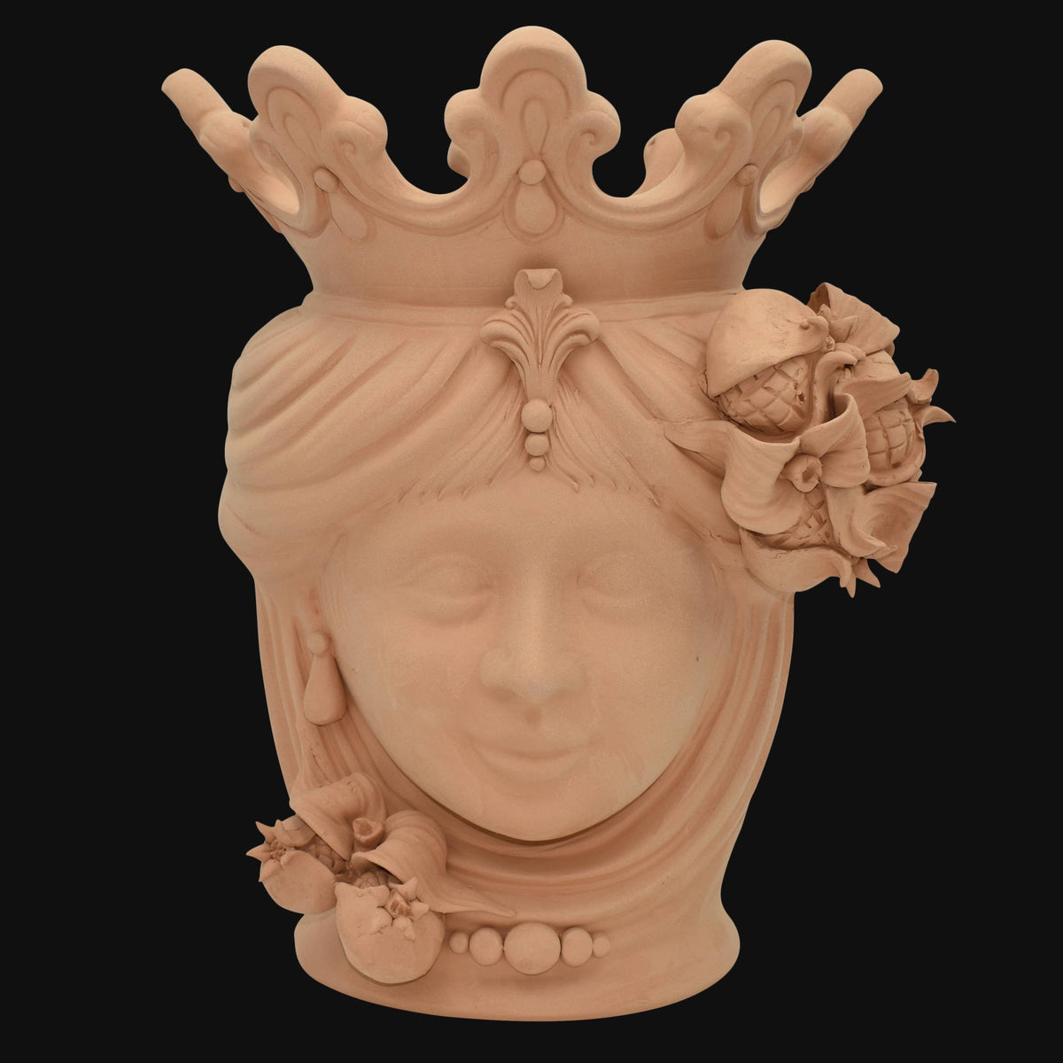 Testa di Moro con Melograni, Donna, corona e decori floreali. Ceramica siciliana di Caltagirone, Sofia