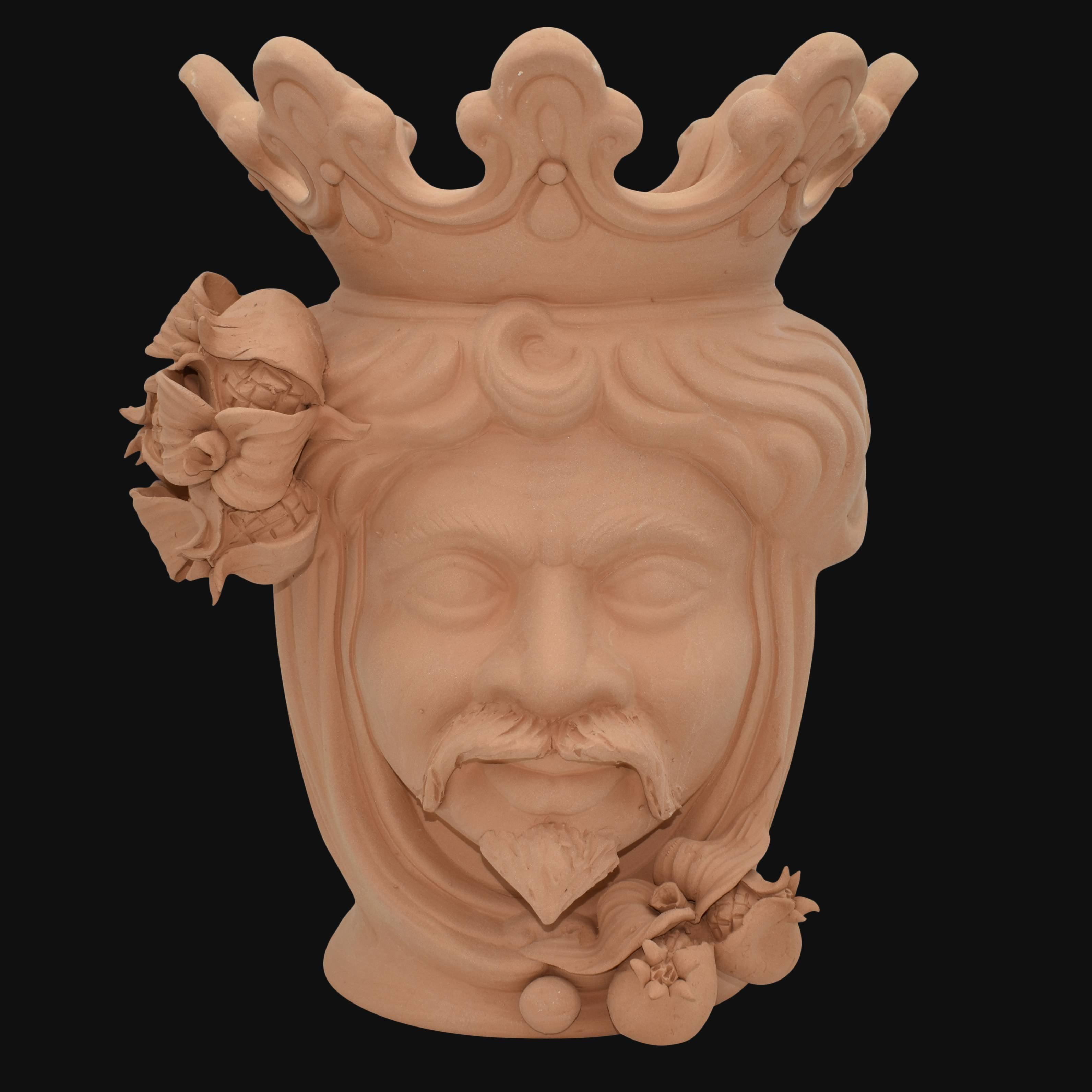 Testa di Moro con Melograni, Maschio, corona e dettagli floreali. Ceramiche Sofia, Caltagirone