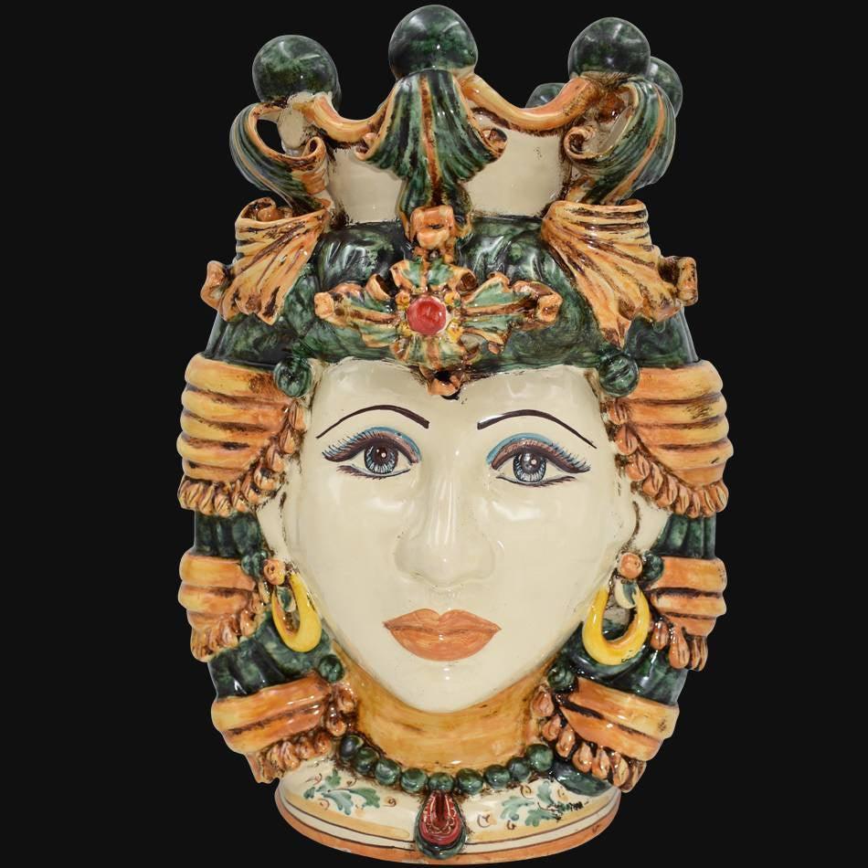 Testa di Moro, Donna, Verde e Arancio, corona e dettagli colorati. Ceramica siciliana di Caltagirone, Sofia