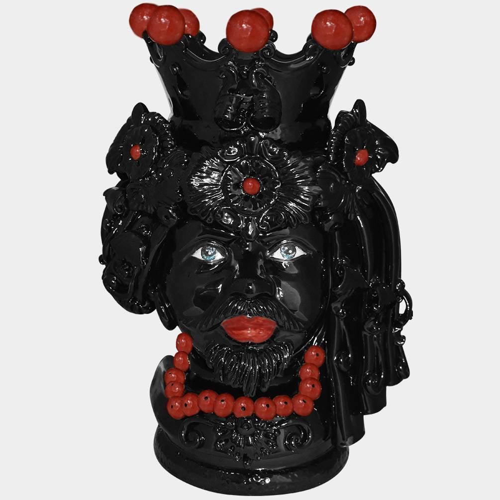 Testa di Moro con Turbante, Uomo, con Perline Rosse. Ceramiche Sofia, Caltagirone