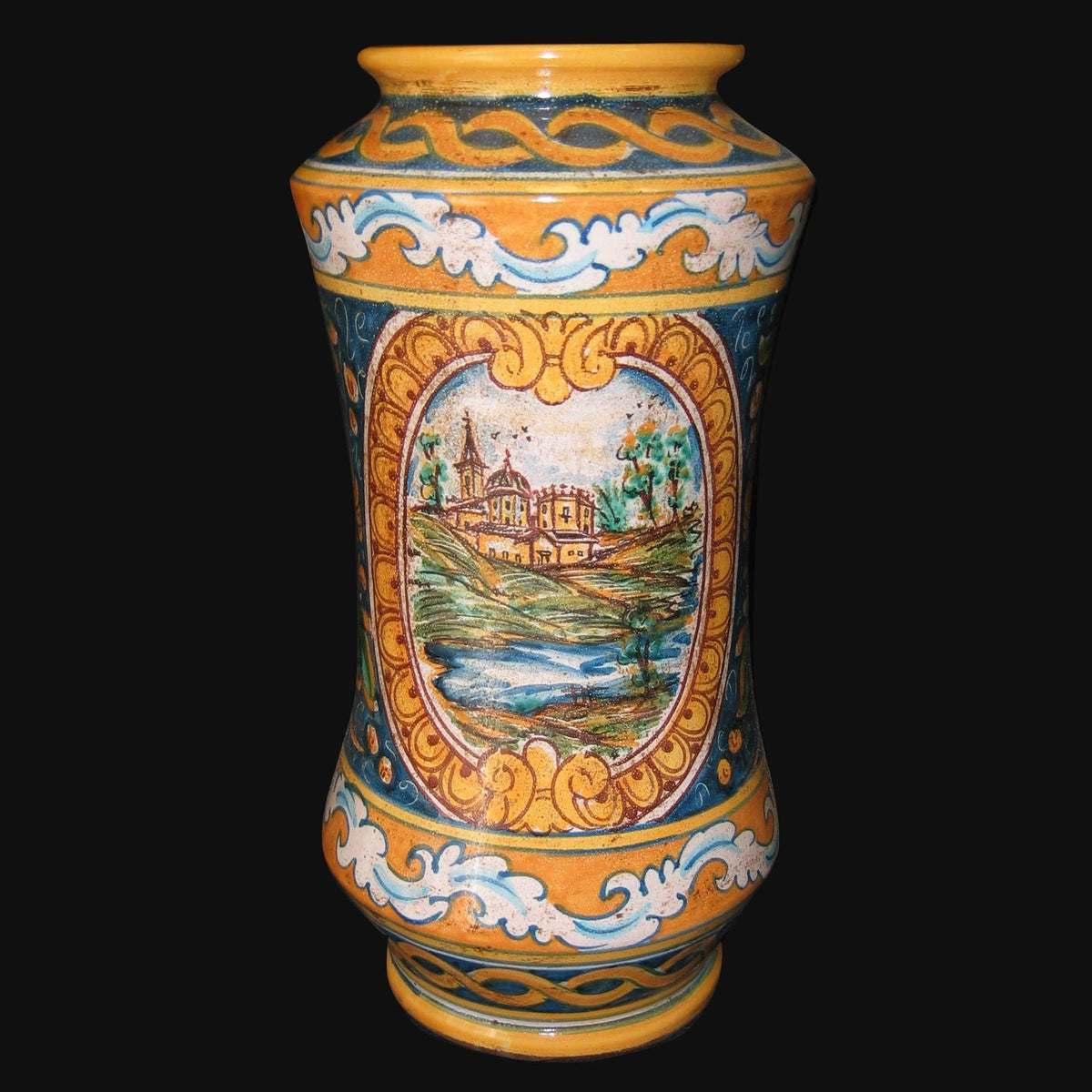 Vaso in ceramica di Caltagirone fatta a mano con paesaggio dipinto e decori tradizionali