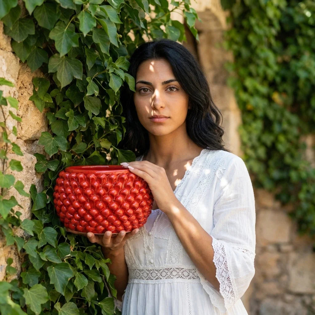 Vaso Mezza Pigna Senza Piede, Rosso Fuoco. Ceramiche Sofia, Caltagirone