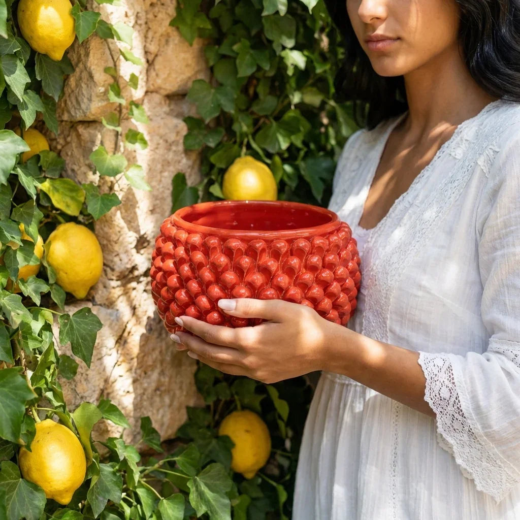 Vaso Mezza Pigna Senza Piede, Rosso Fuoco. Ceramiche Sofia, Caltagirone