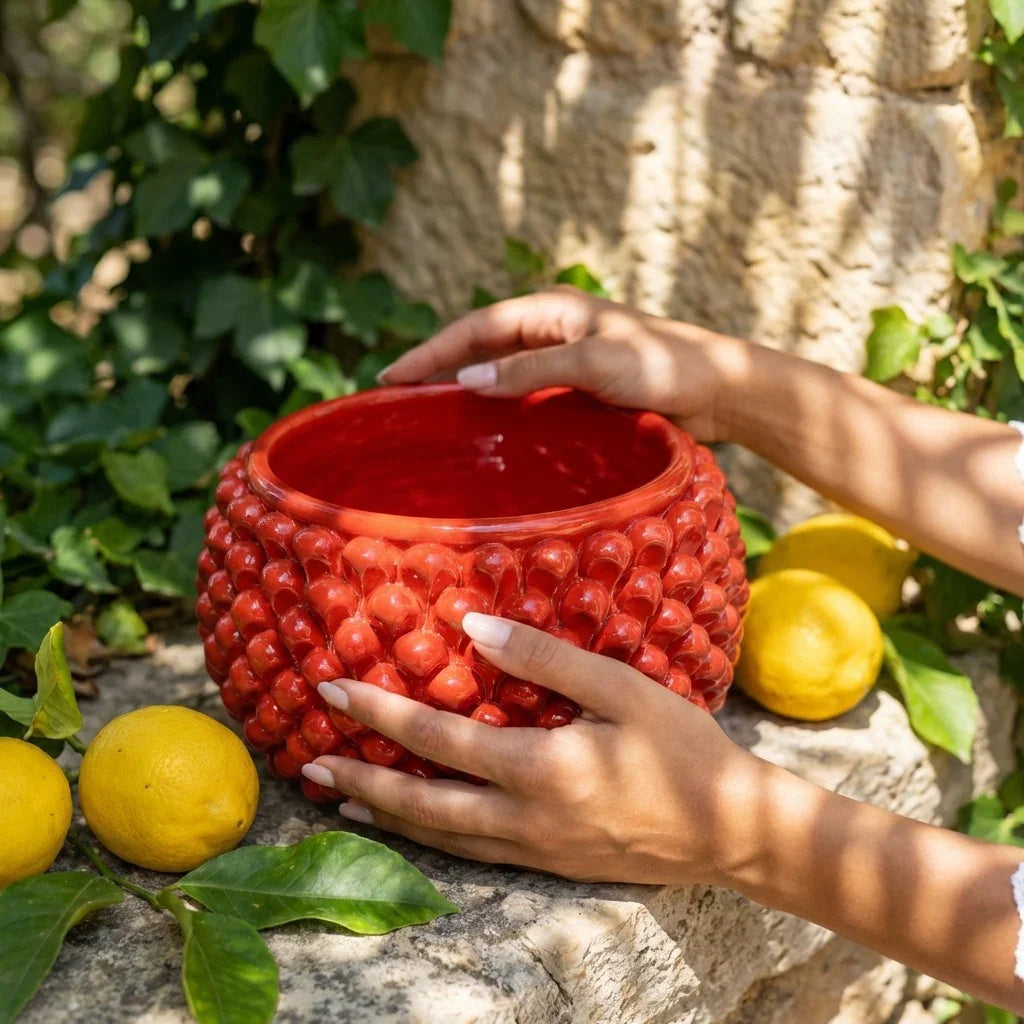 Vaso Mezza Pigna Senza Piede, Rosso Fuoco. Ceramiche Sofia, Caltagirone