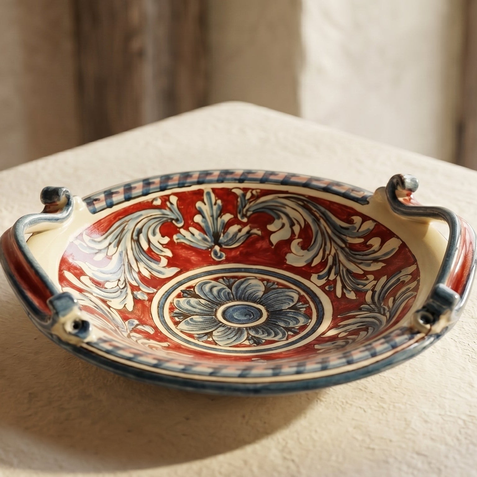 Centrotavola, Ornato, Blu e Bordeaux, decoro barocco. Ceramica siciliana di Caltagirone, Sofia