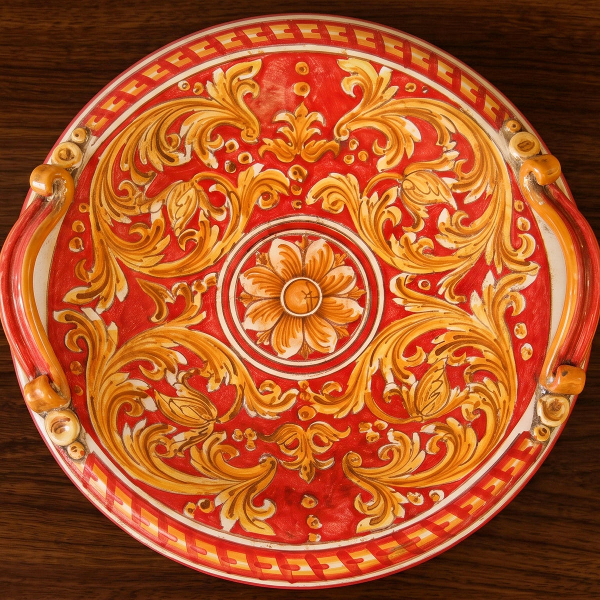 Centrotavola in Ceramica di Caltagirone Ø 30/40 cm - Ornato Fondo Rosso