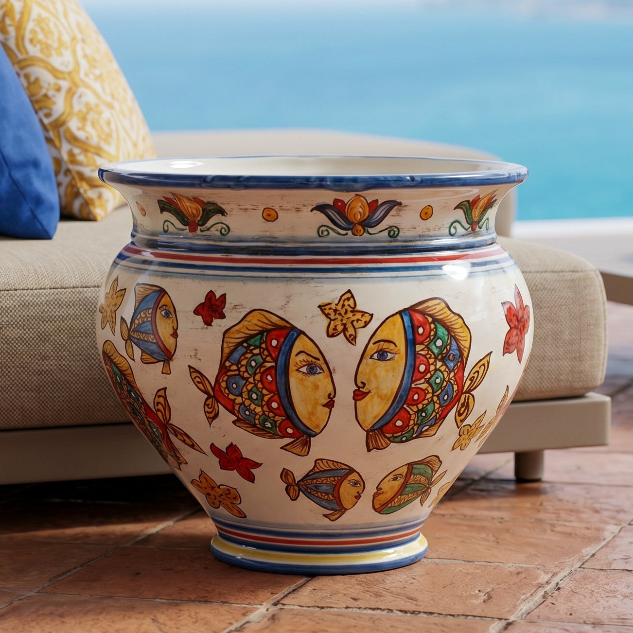 Cachepot, Decoro Pesci, fiori. Ceramiche Sofia, Caltagirone