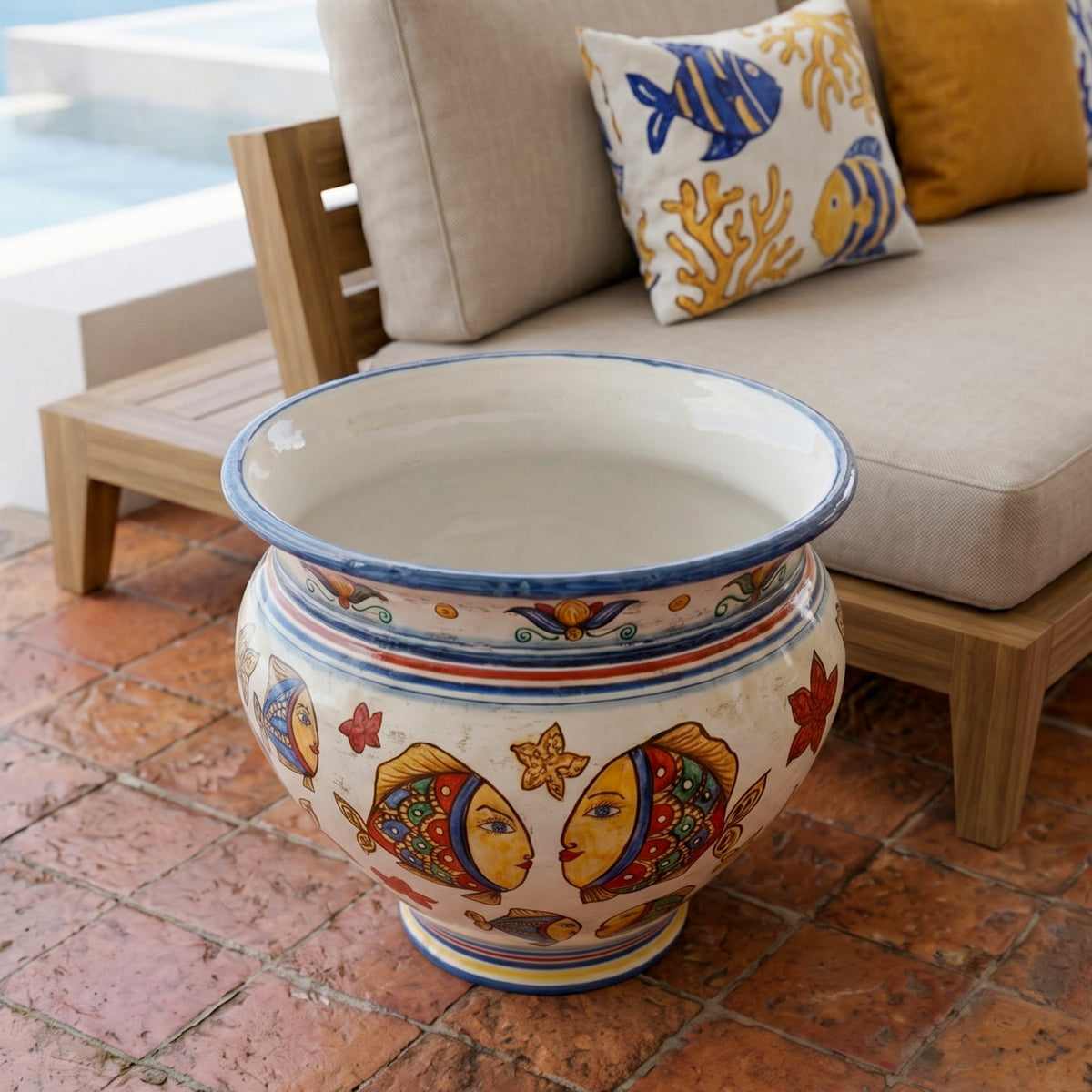 Cachepot, Decoro Pesci, fiori. Ceramiche Sofia, Caltagirone