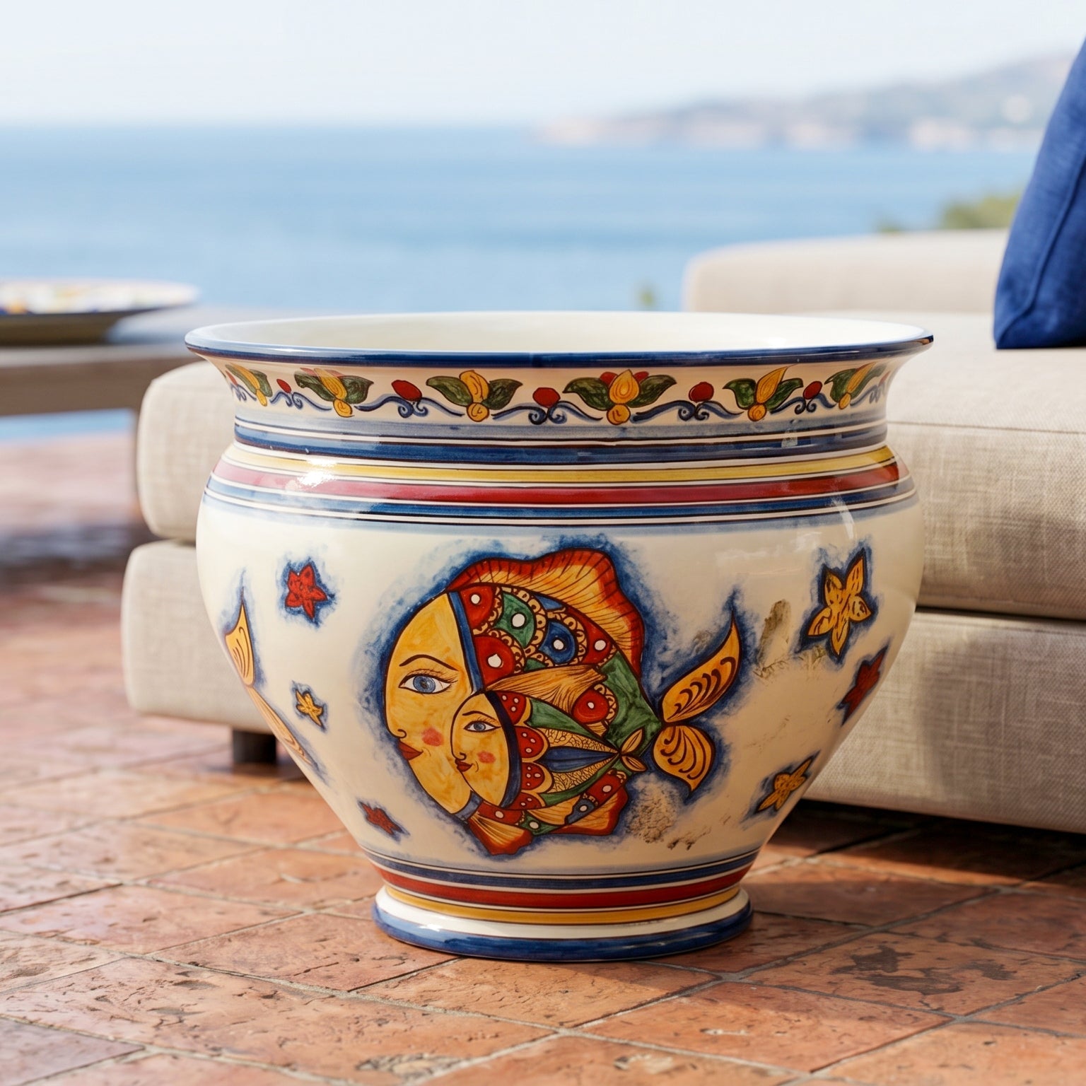 Cachepot, Decoro Pesci, fiori. Ceramiche Sofia, Caltagirone