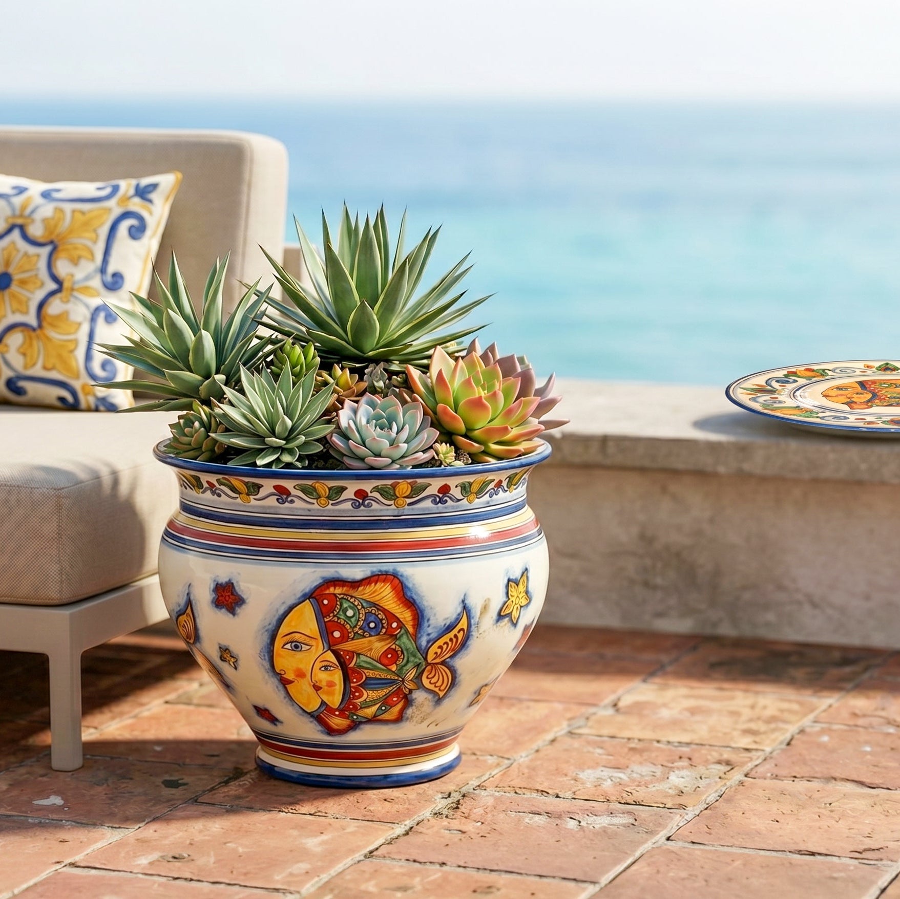 Cachepot, Decoro Pesci, fiori. Ceramiche Sofia, Caltagirone