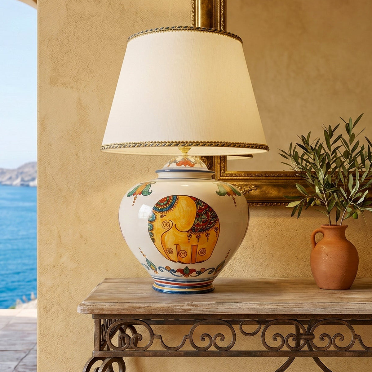 Lume Palla in Ceramica di Caltagirone h 52/66 cm - Decoro Elefante