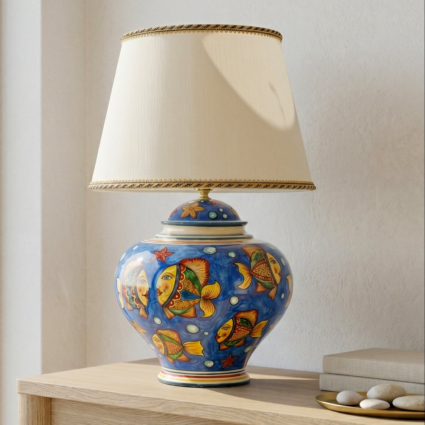 Lume Palla, Decoro Pesci, Fondo Blu. Ceramiche Sofia, Caltagirone