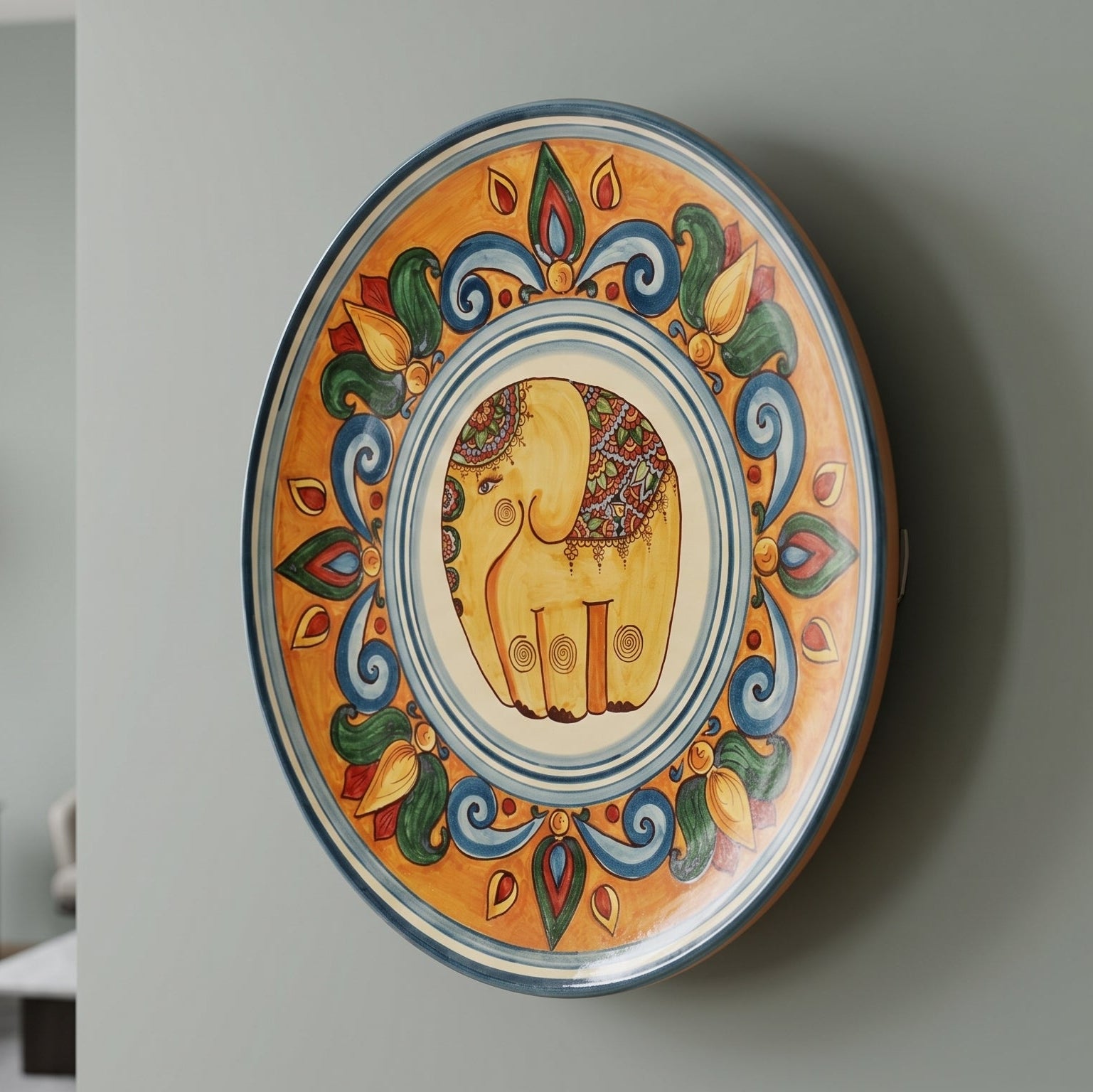 Piatto Ornamentale, Decoro Elefante, Fondo Arancio. Ceramica siciliana di Caltagirone, Sofia